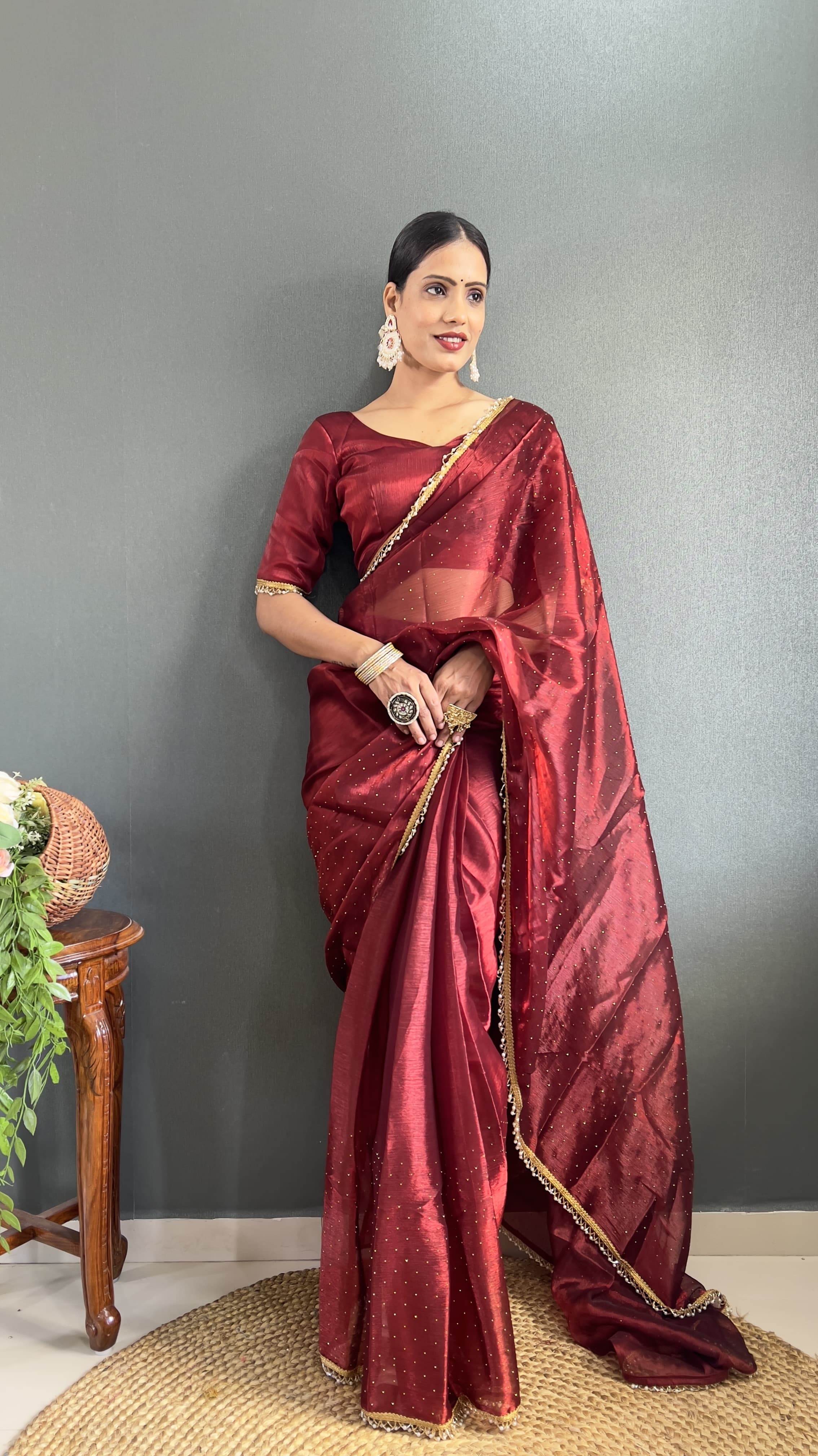 Beautiful Lace Border Maroon Color Ready To wear Saree