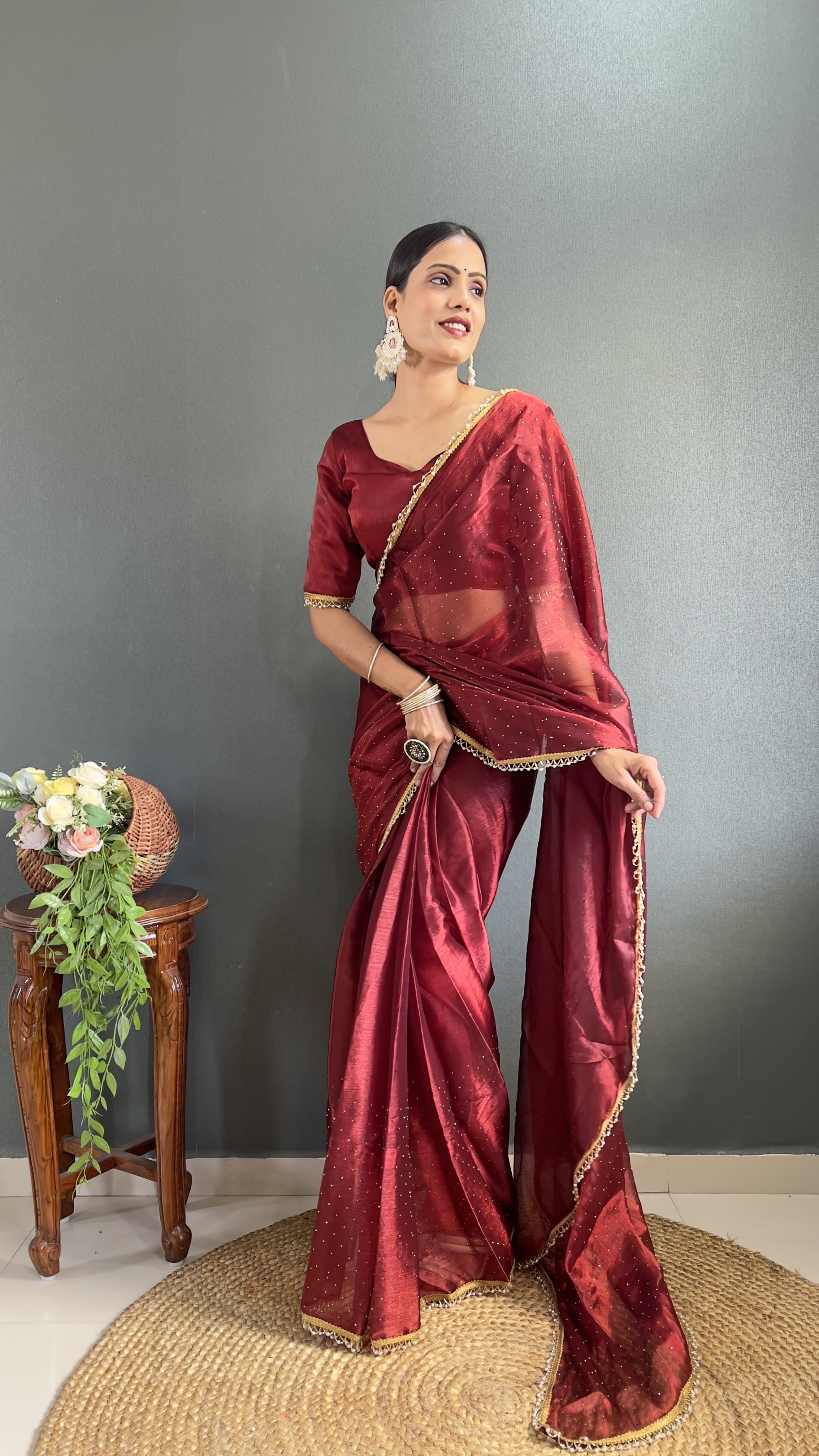 Beautiful Lace Border Maroon Color Ready To wear Saree