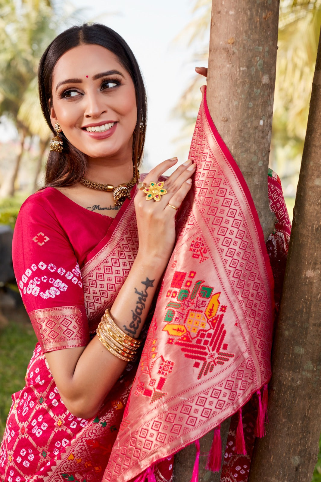 Designer Zari Border Pink Color Gharchola Bandhej Silk Saree