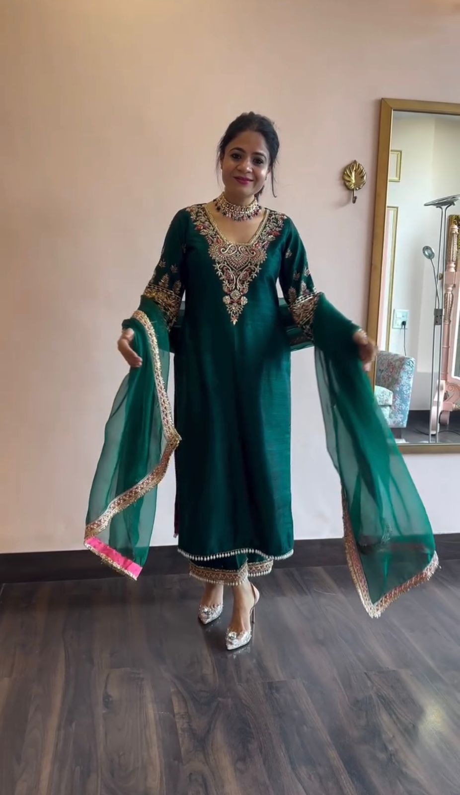 Lovely Embroidery Work Green Color Vichitra Silk Palazzo Suit