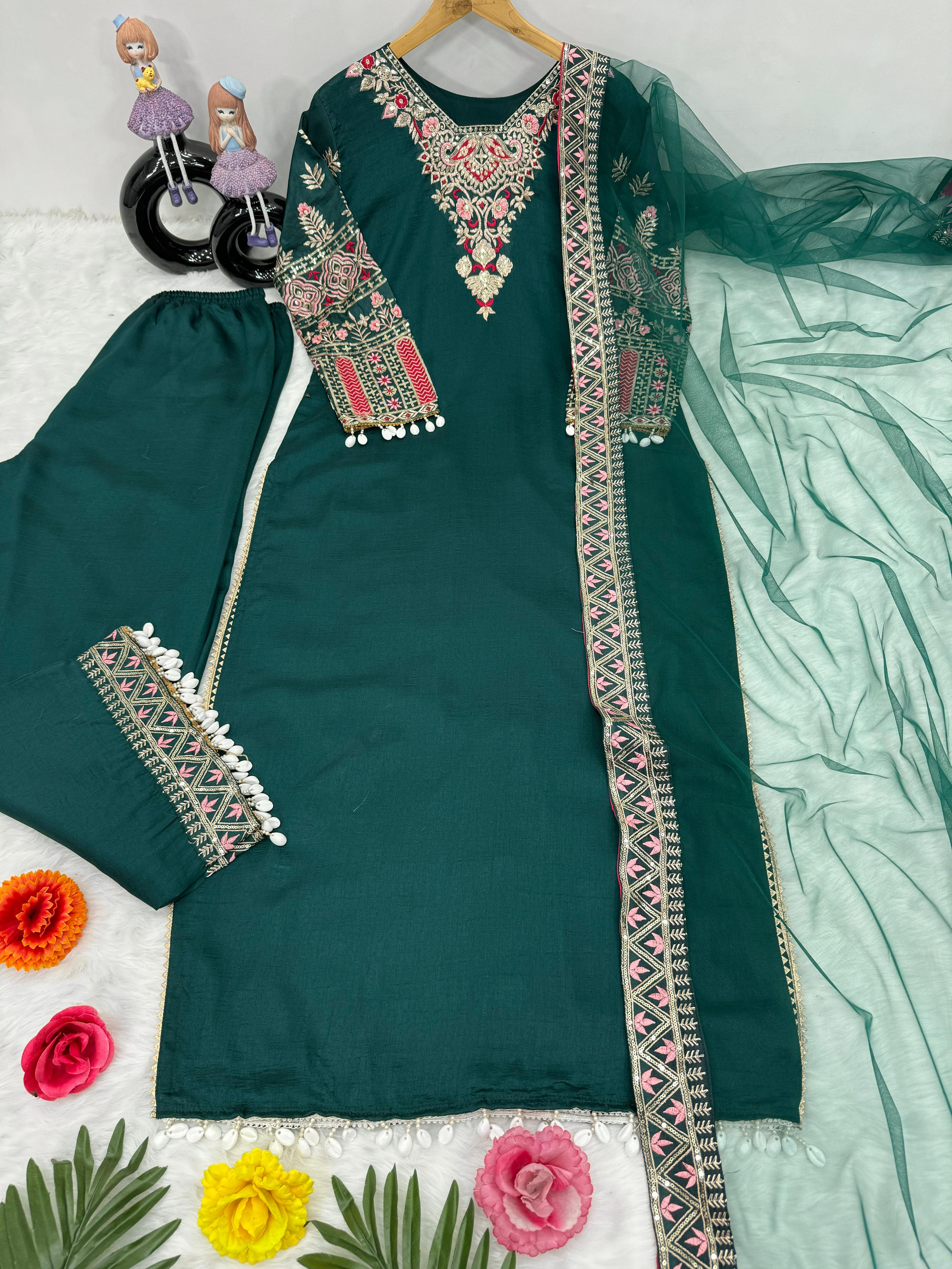 Lovely Embroidery Work Green Color Vichitra Silk Palazzo Suit