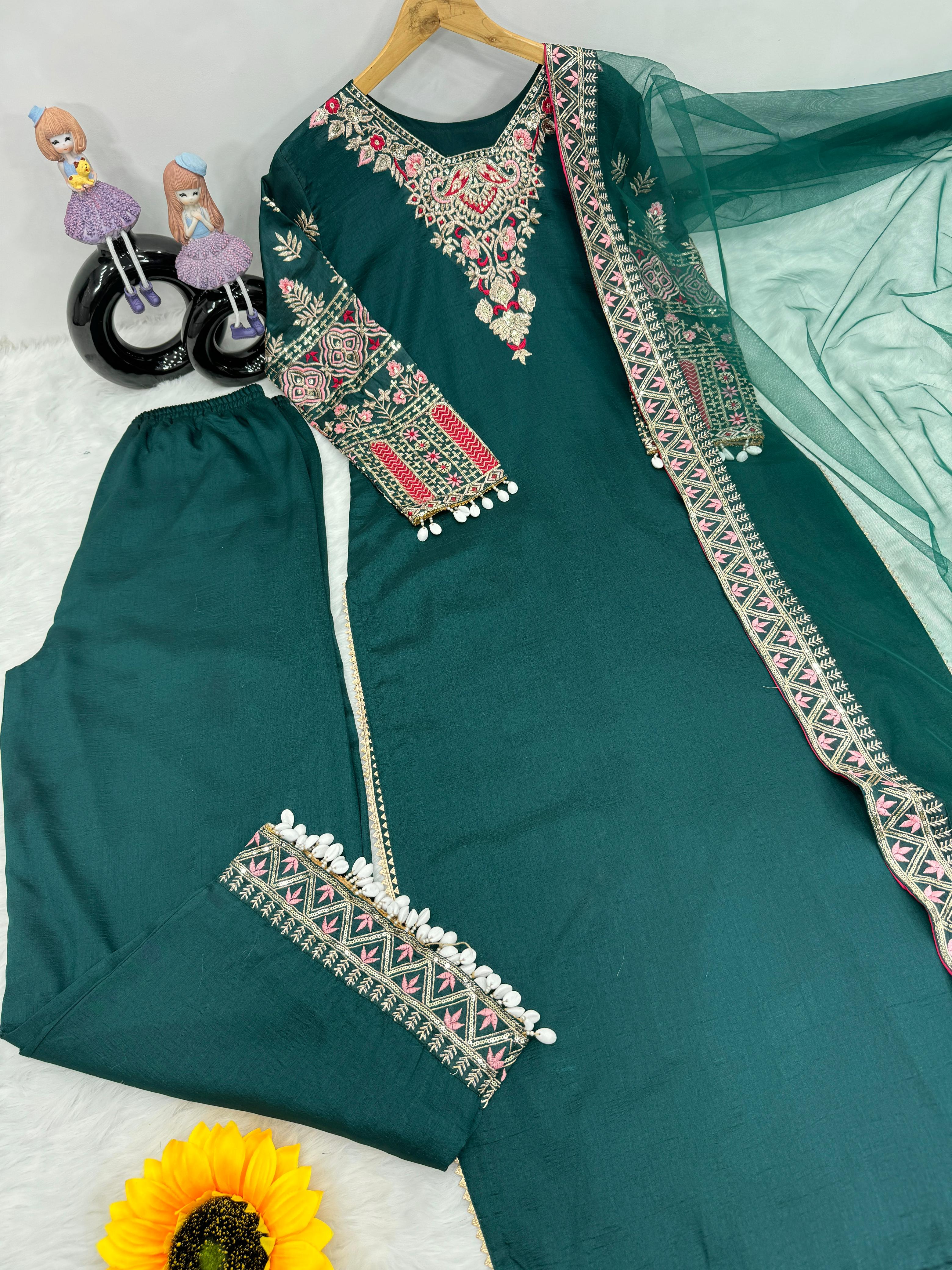 Lovely Embroidery Work Green Color Vichitra Silk Palazzo Suit