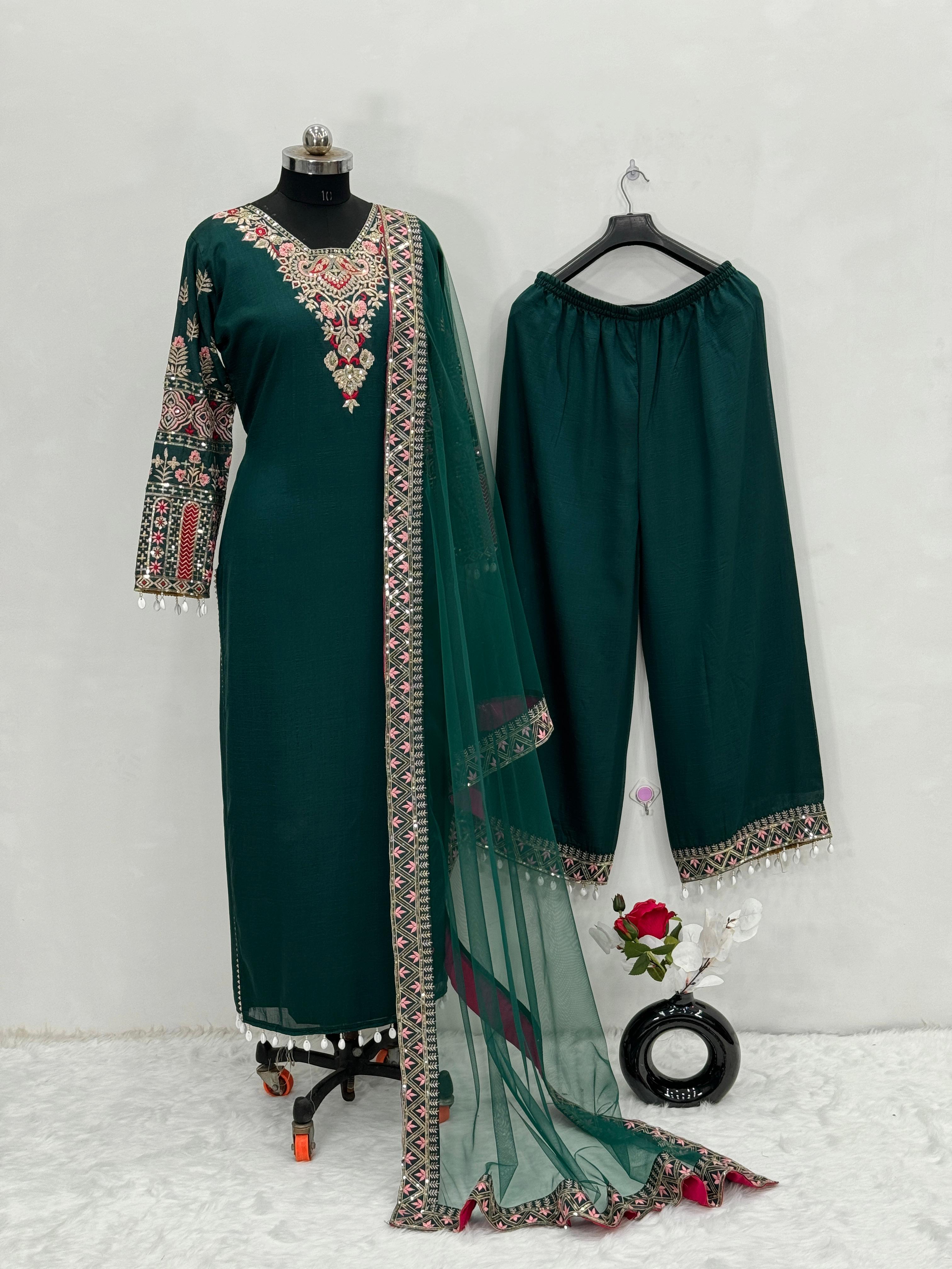 Lovely Embroidery Work Green Color Vichitra Silk Palazzo Suit