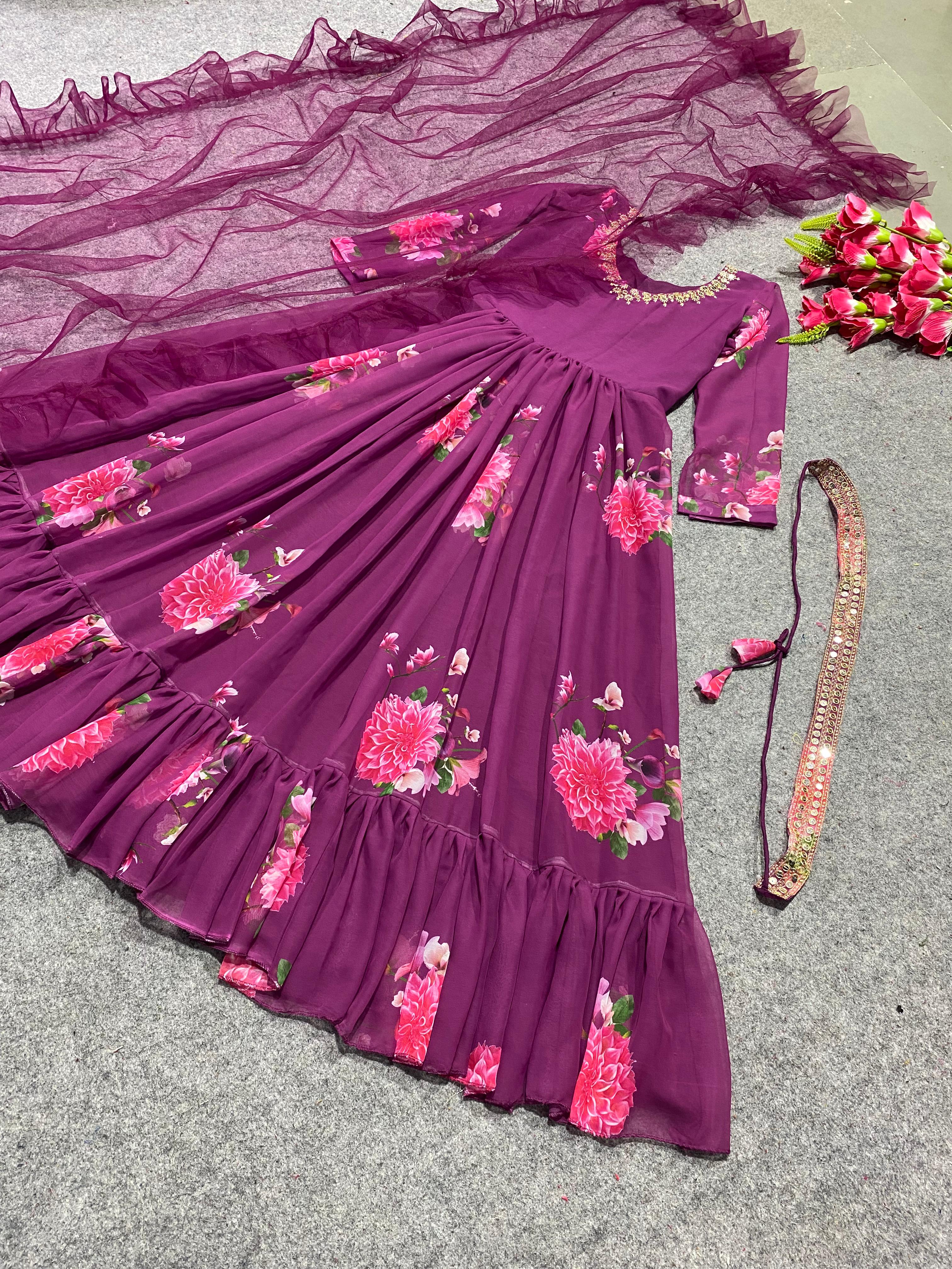 Peaceful Wine Color Digital Print Gown With Dupatta