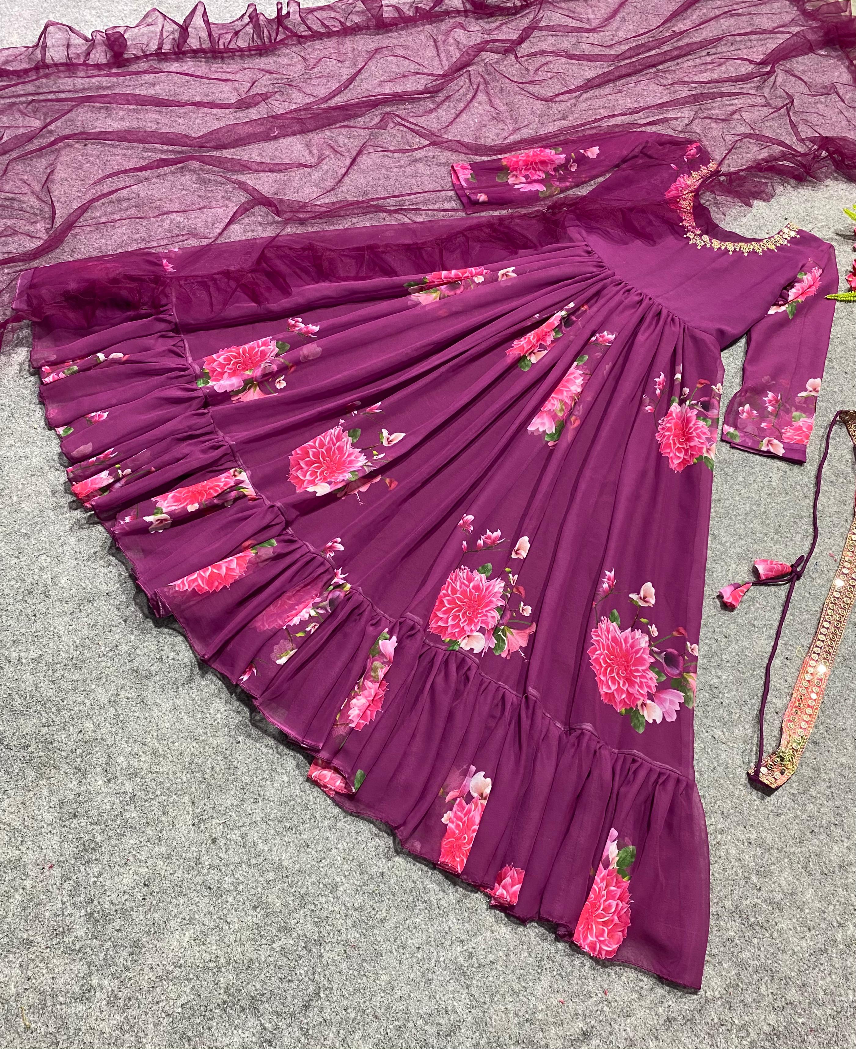 Peaceful Wine Color Digital Print Gown With Dupatta