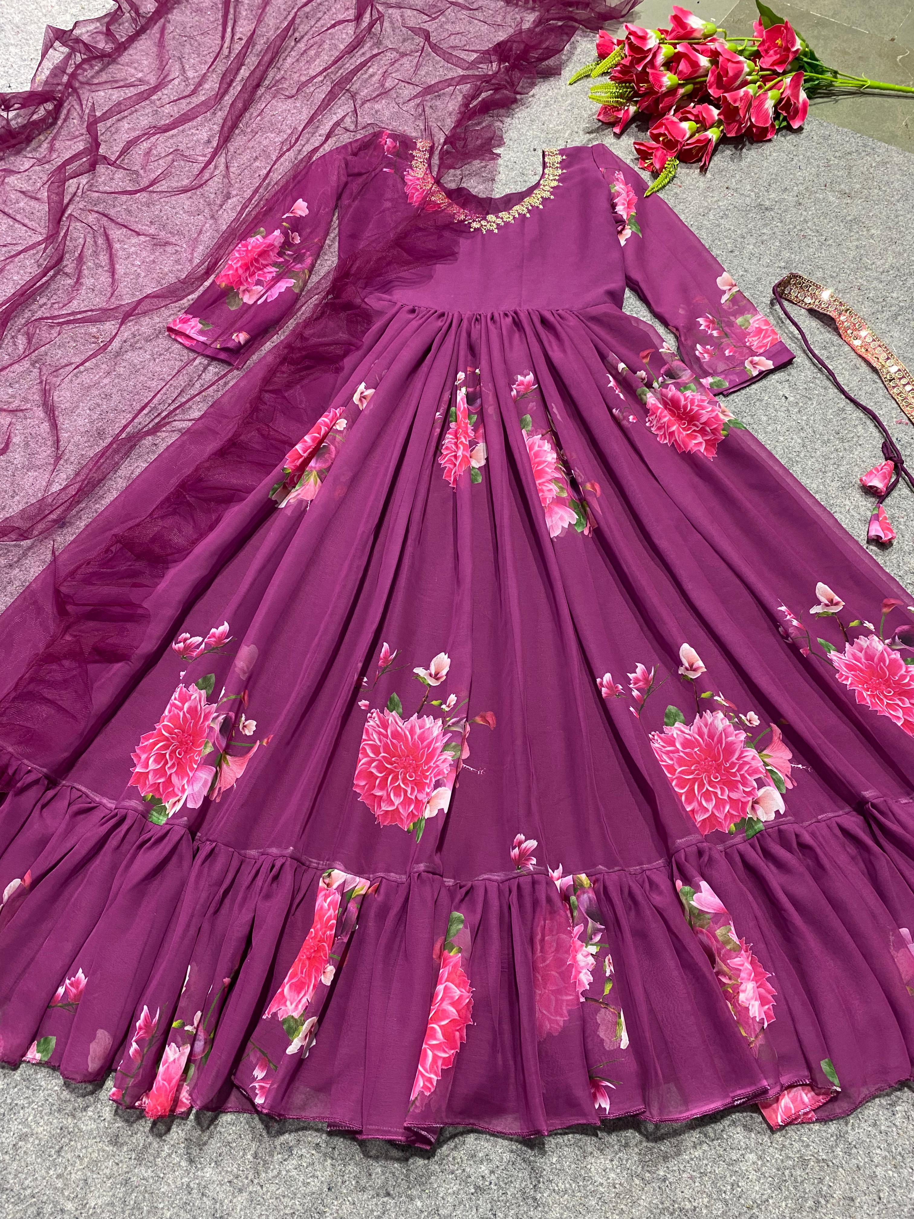 Peaceful Wine Color Digital Print Gown With Dupatta