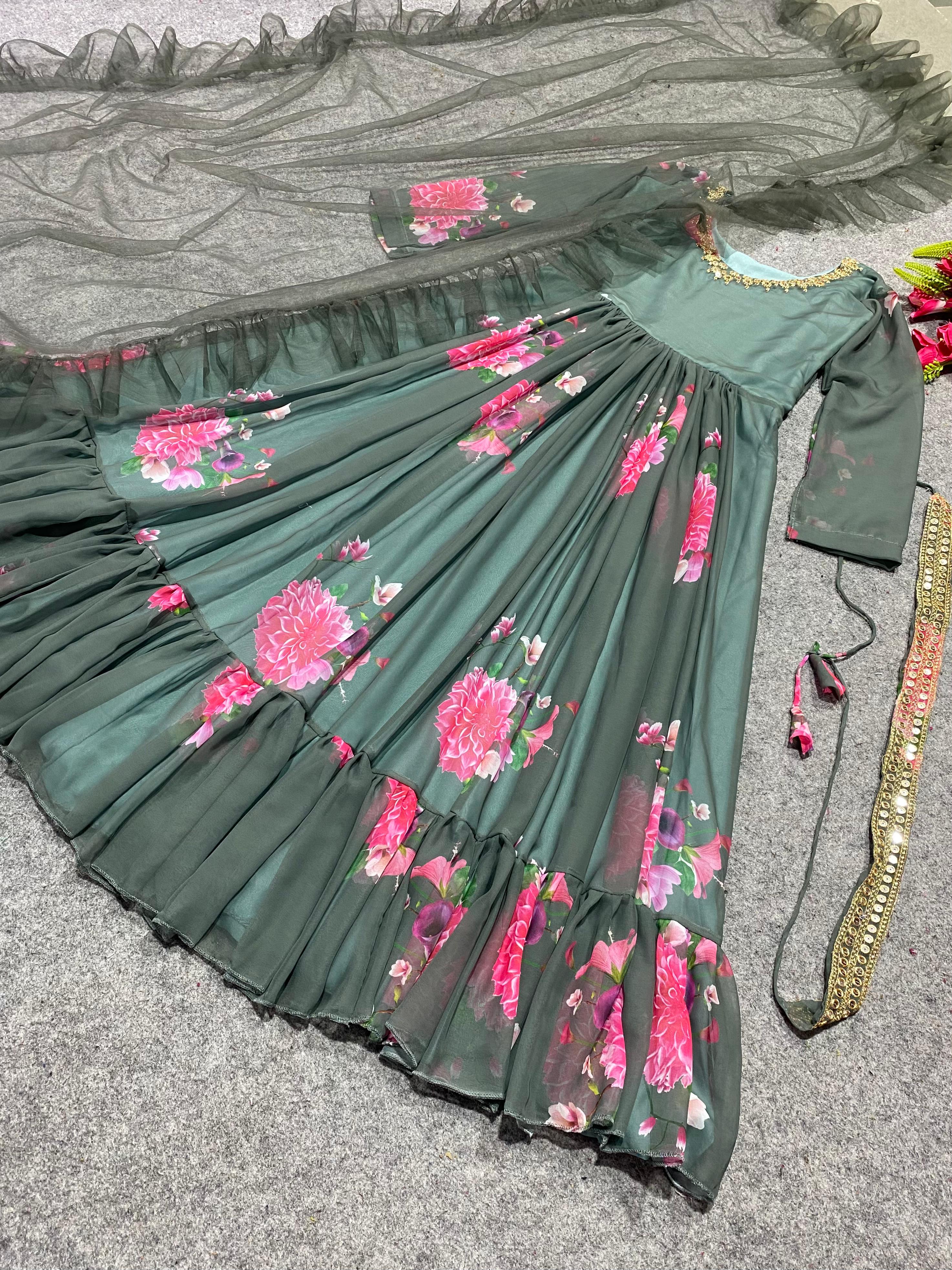 Peaceful Pista Color Digital Print Gown With Dupatta