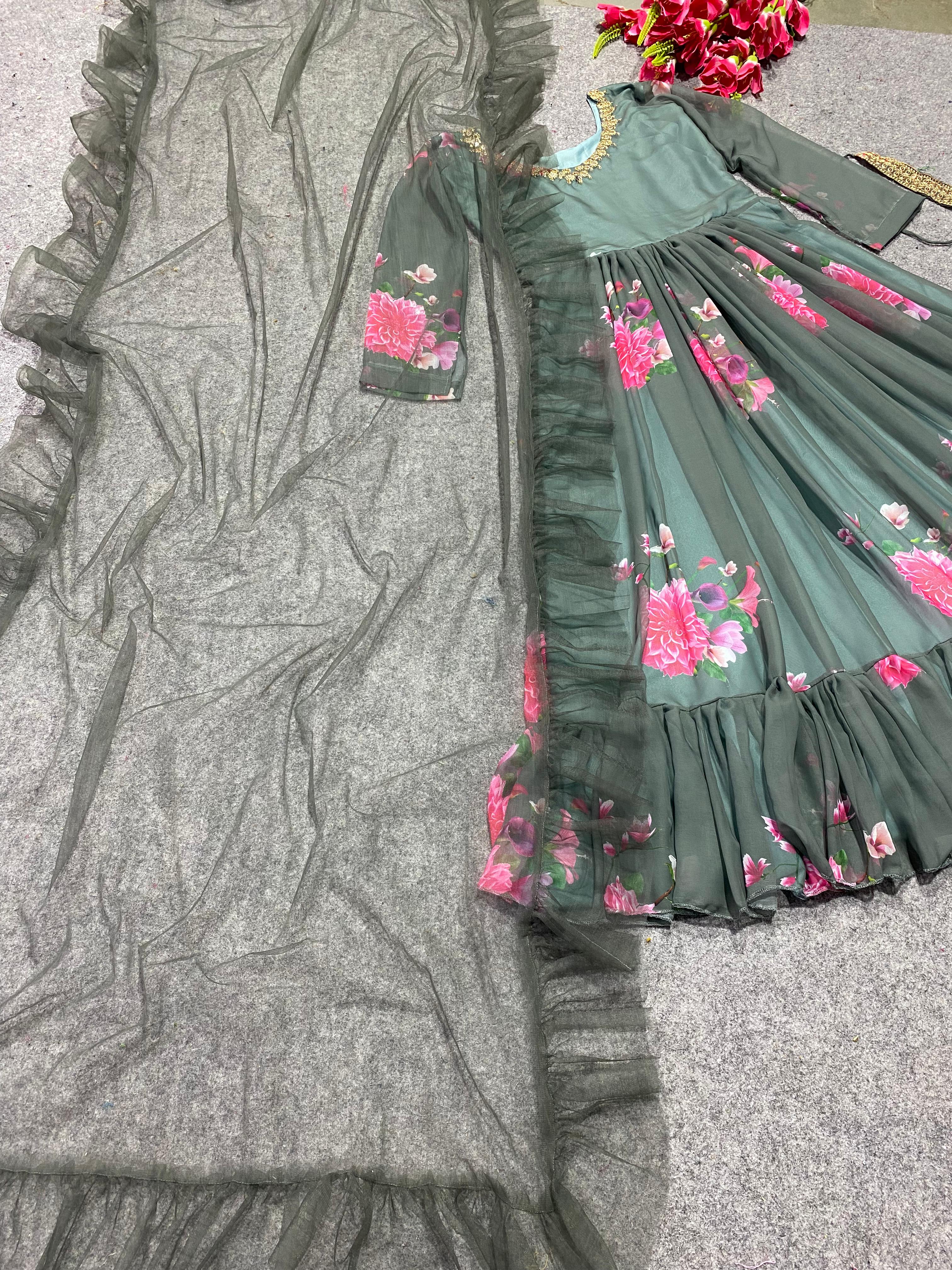 Peaceful Pista Color Digital Print Gown With Dupatta