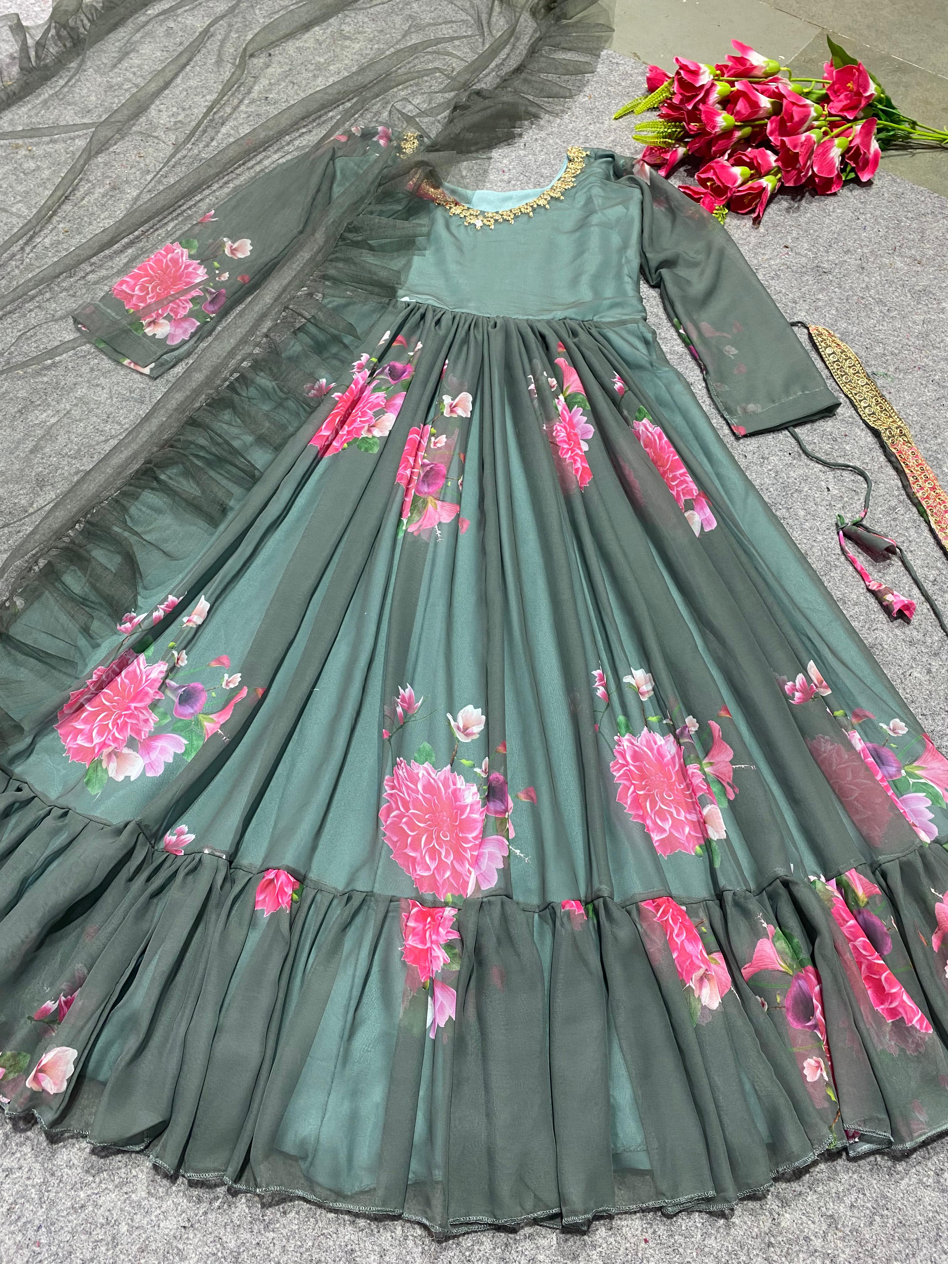 Peaceful Pista Color Digital Print Gown With Dupatta