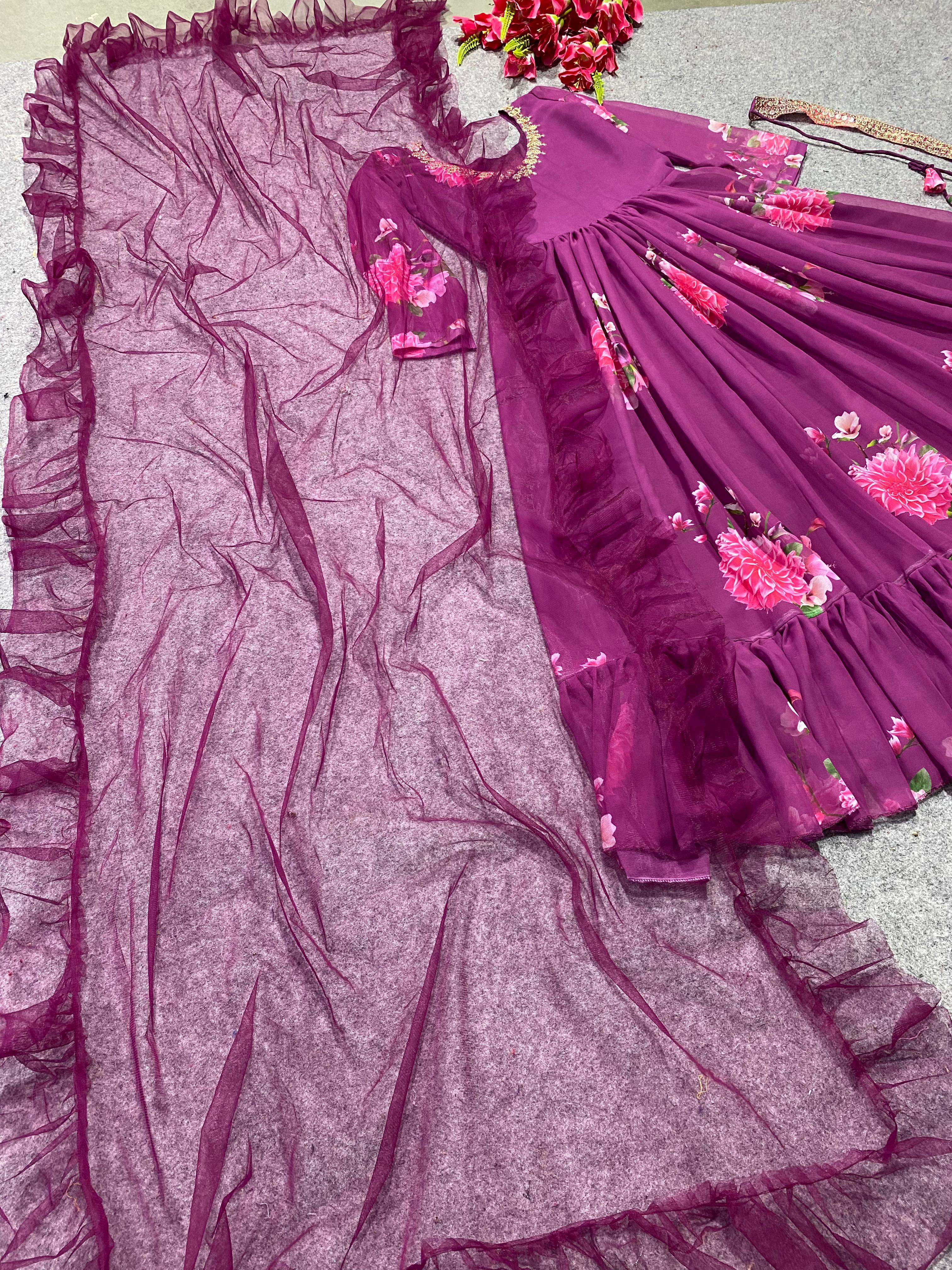 Peaceful Wine Color Digital Print Gown With Dupatta