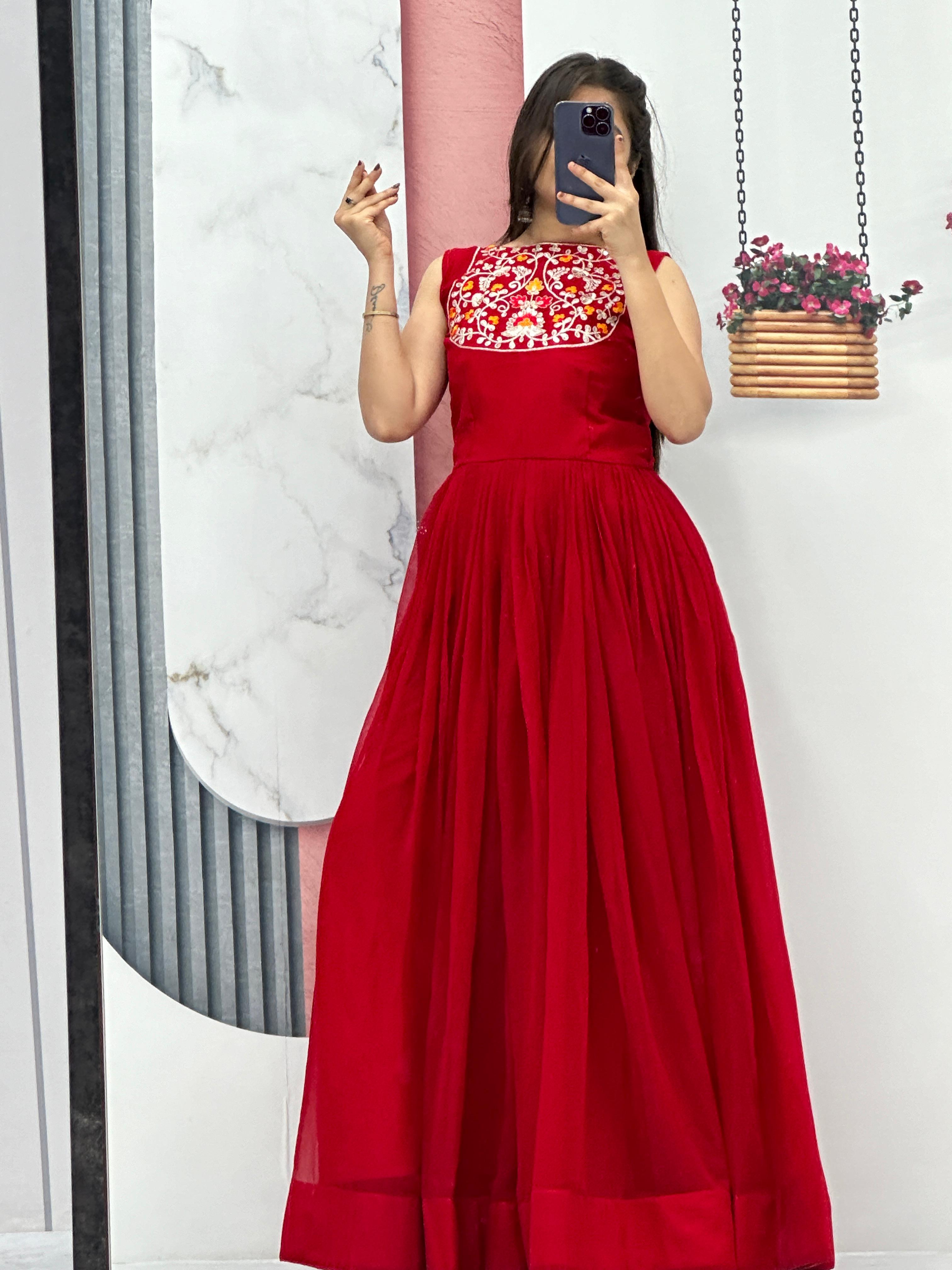 Stylish Red Color Gown With Bandhani Print Jacket