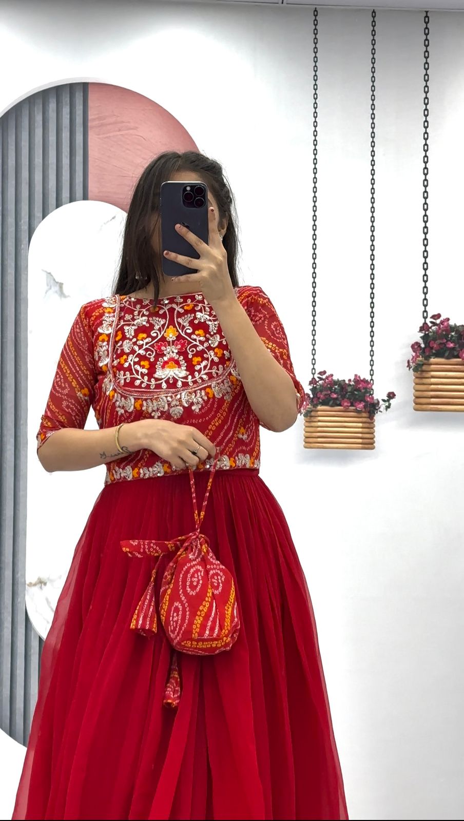 Stylish Red Color Gown With Bandhani Print Jacket