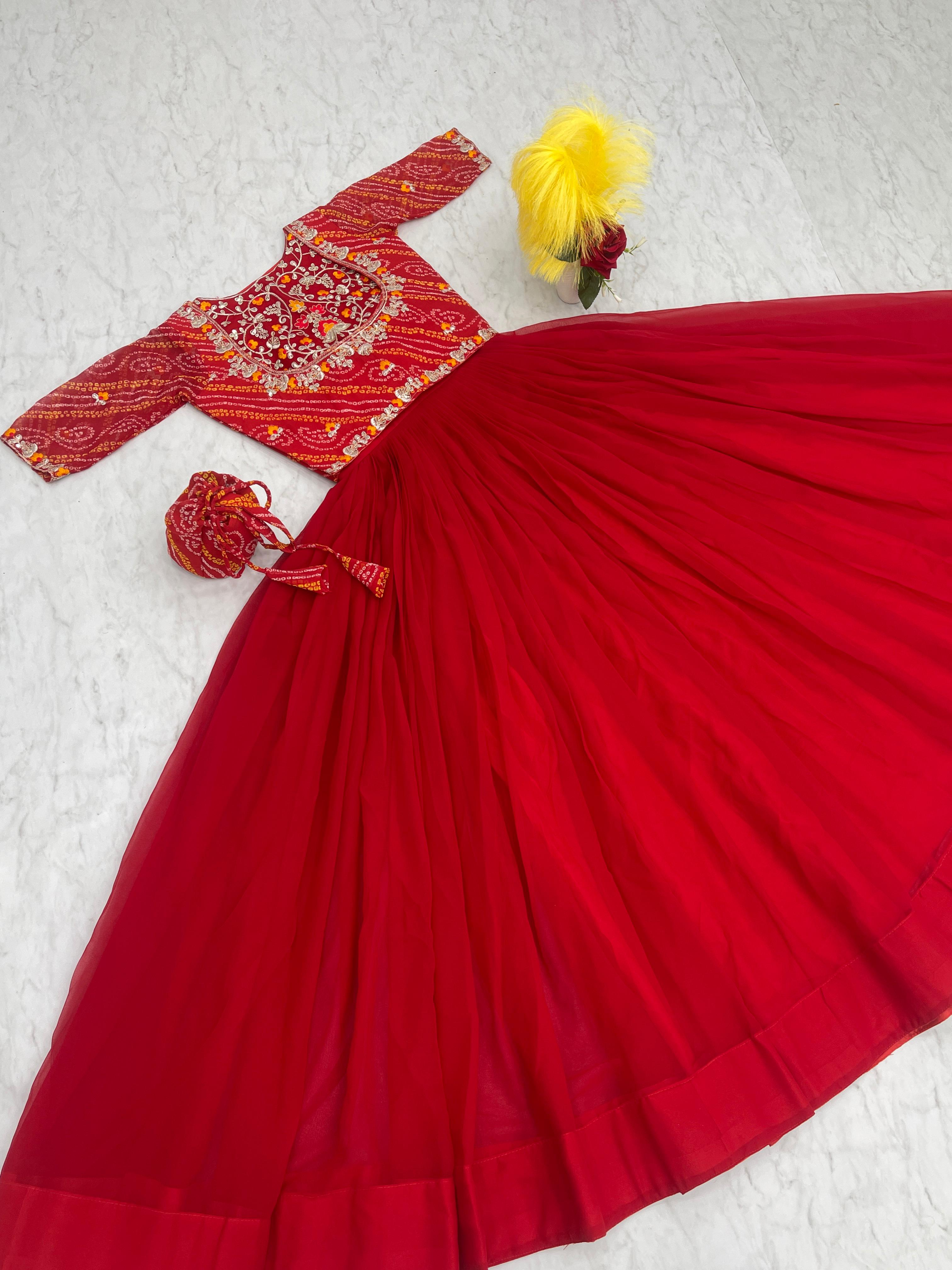 Stylish Red Color Gown With Bandhani Print Jacket