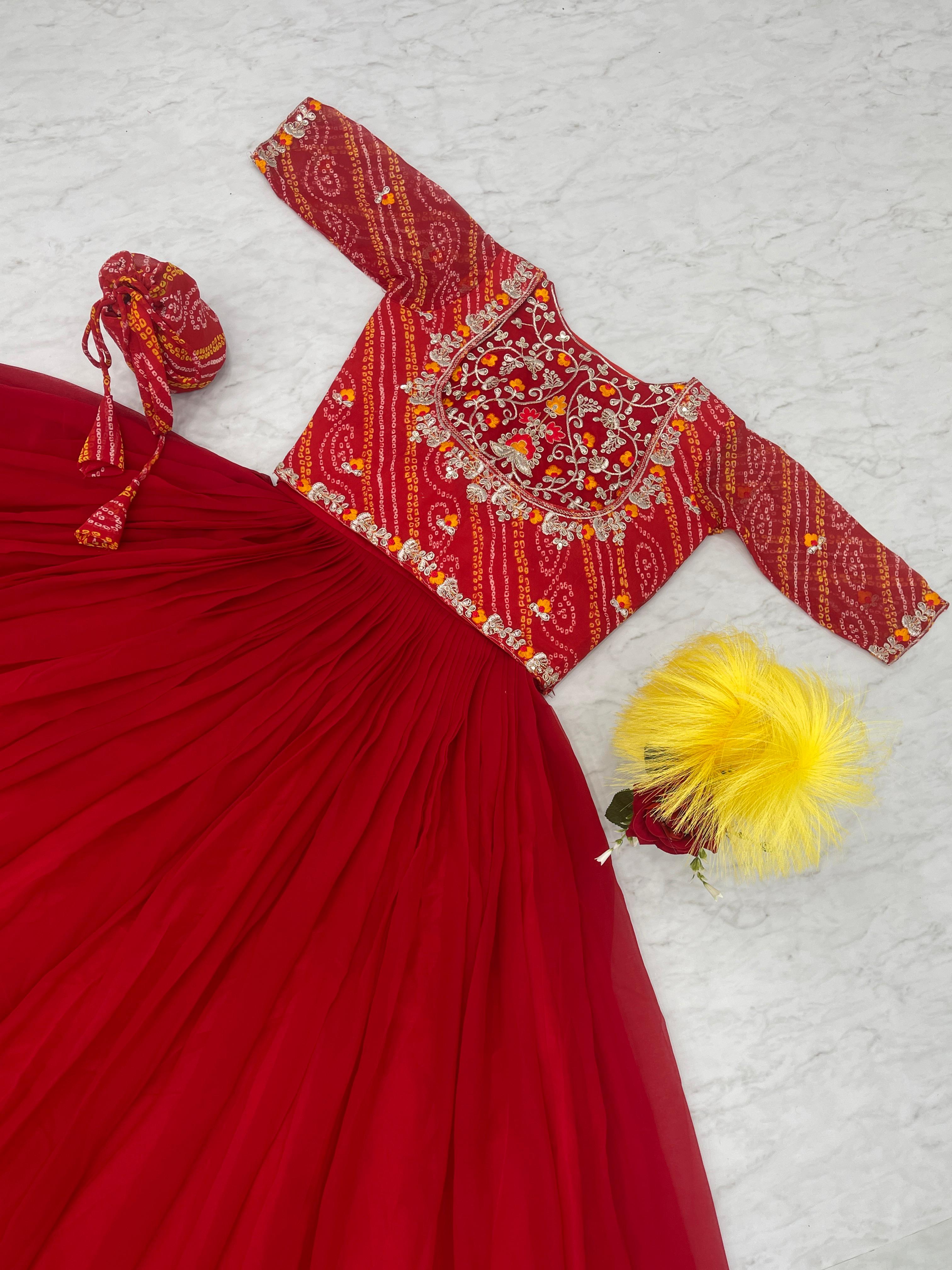 Stylish Red Color Gown With Bandhani Print Jacket