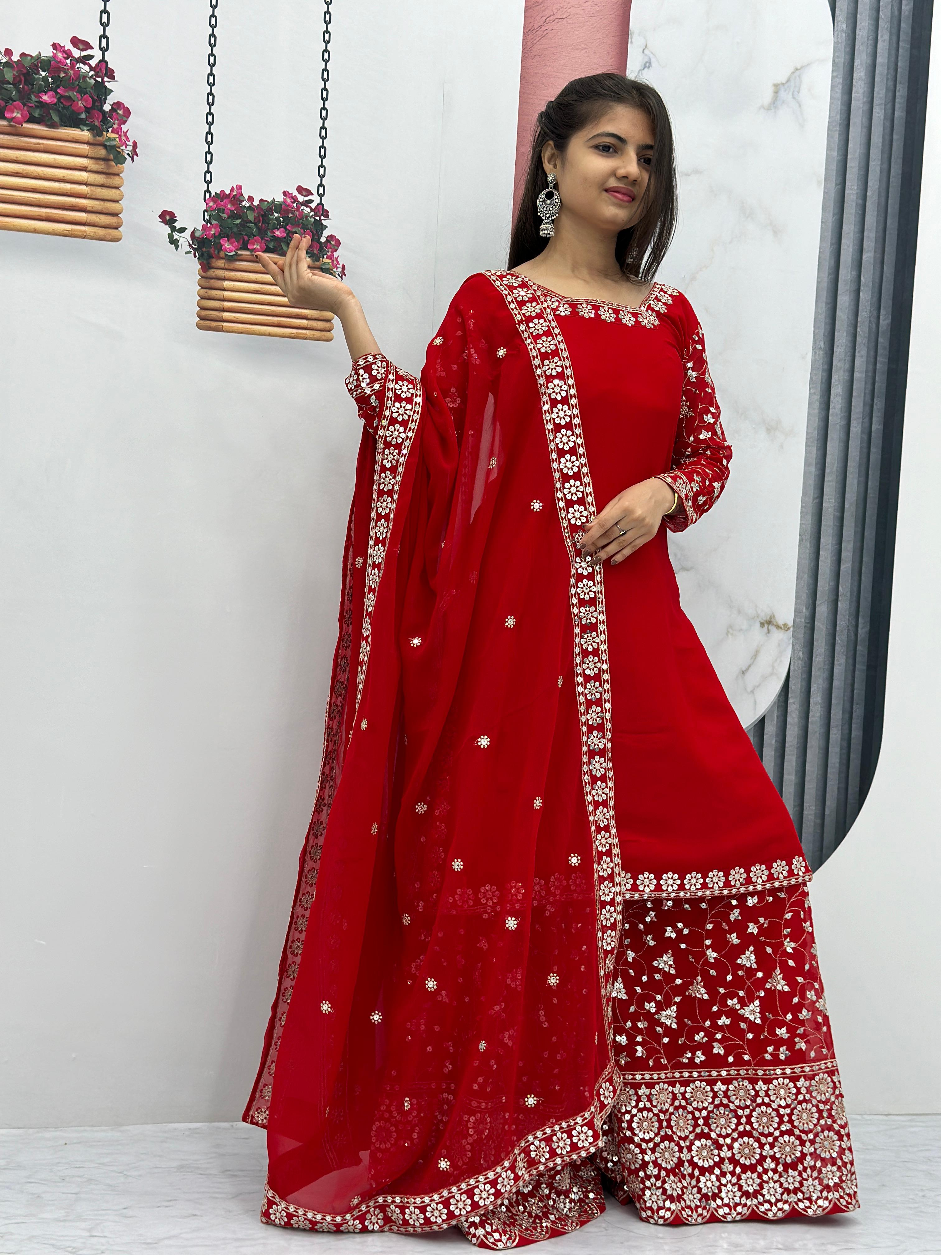 Function Wear Red Color Heavy Sequence Work Sharara Suit