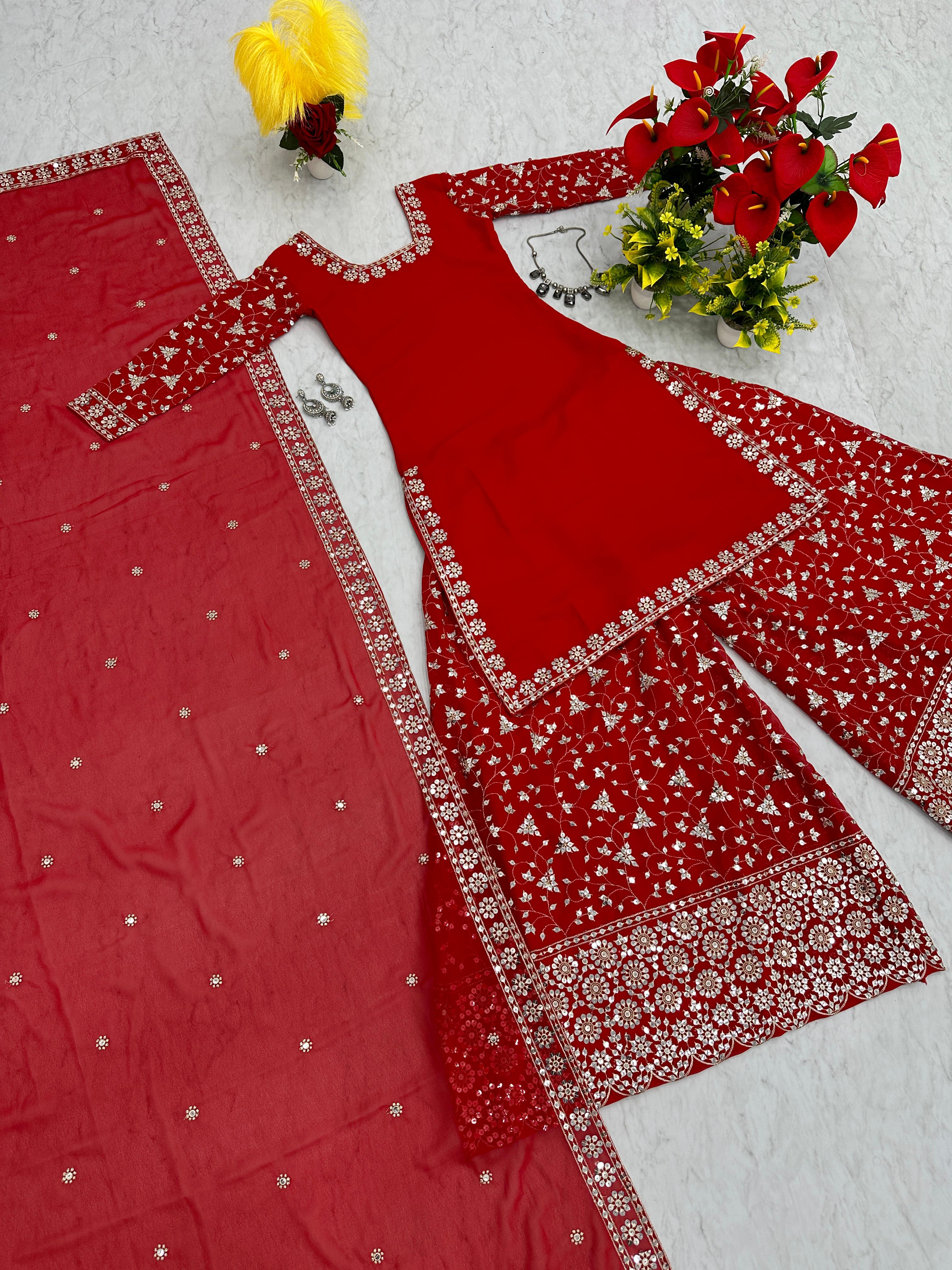 Function Wear Red Color Heavy Sequence Work Sharara Suit