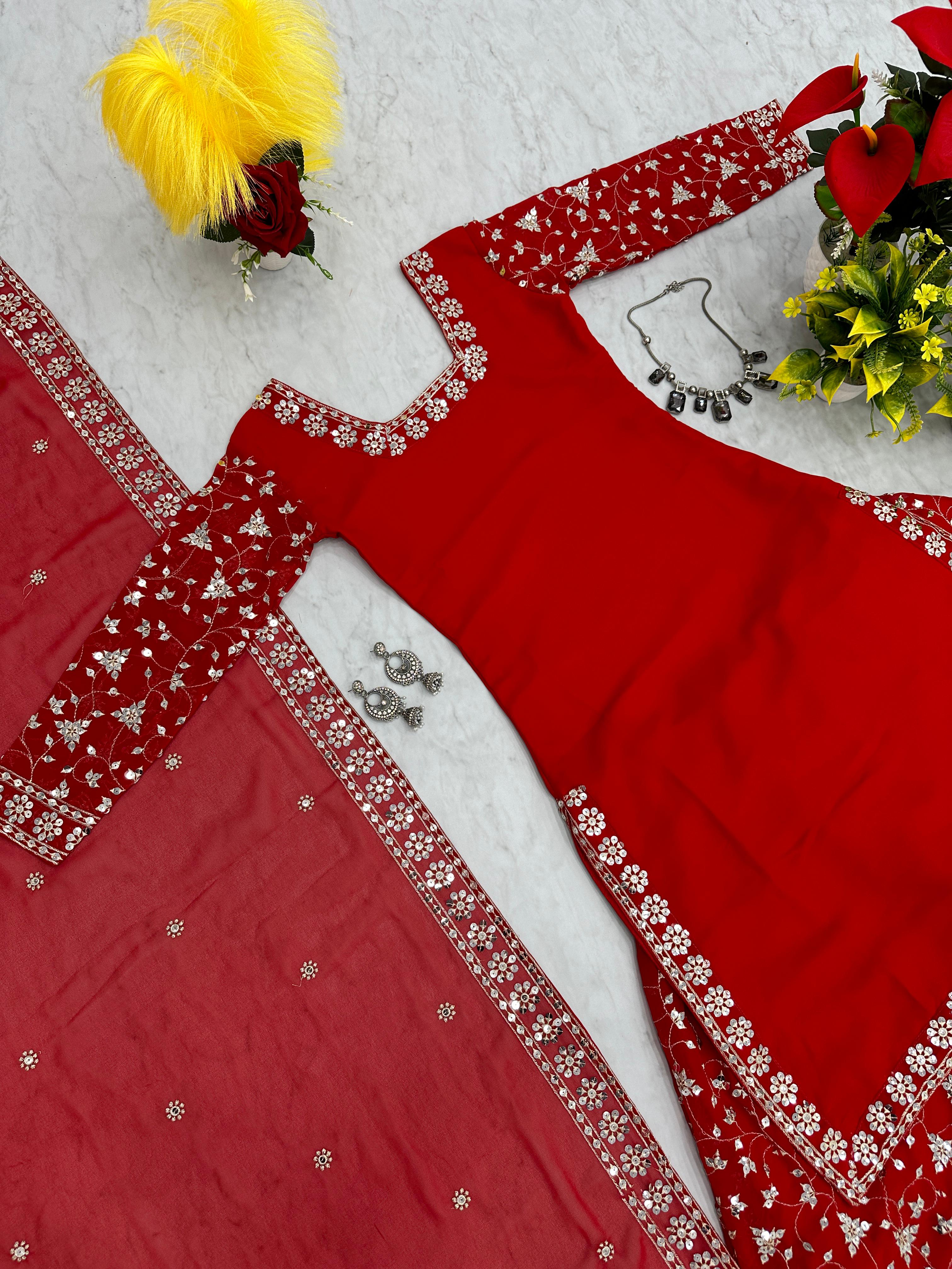 Function Wear Red Color Heavy Sequence Work Sharara Suit