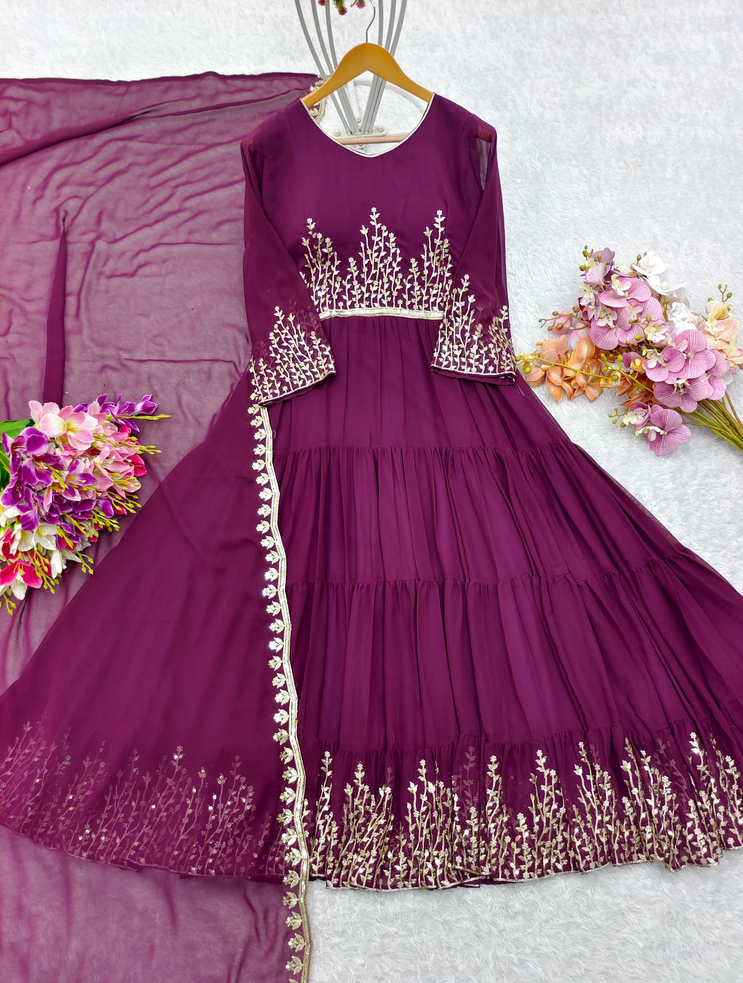 Ruffle Style Sequence Work Wine Color Long Gown