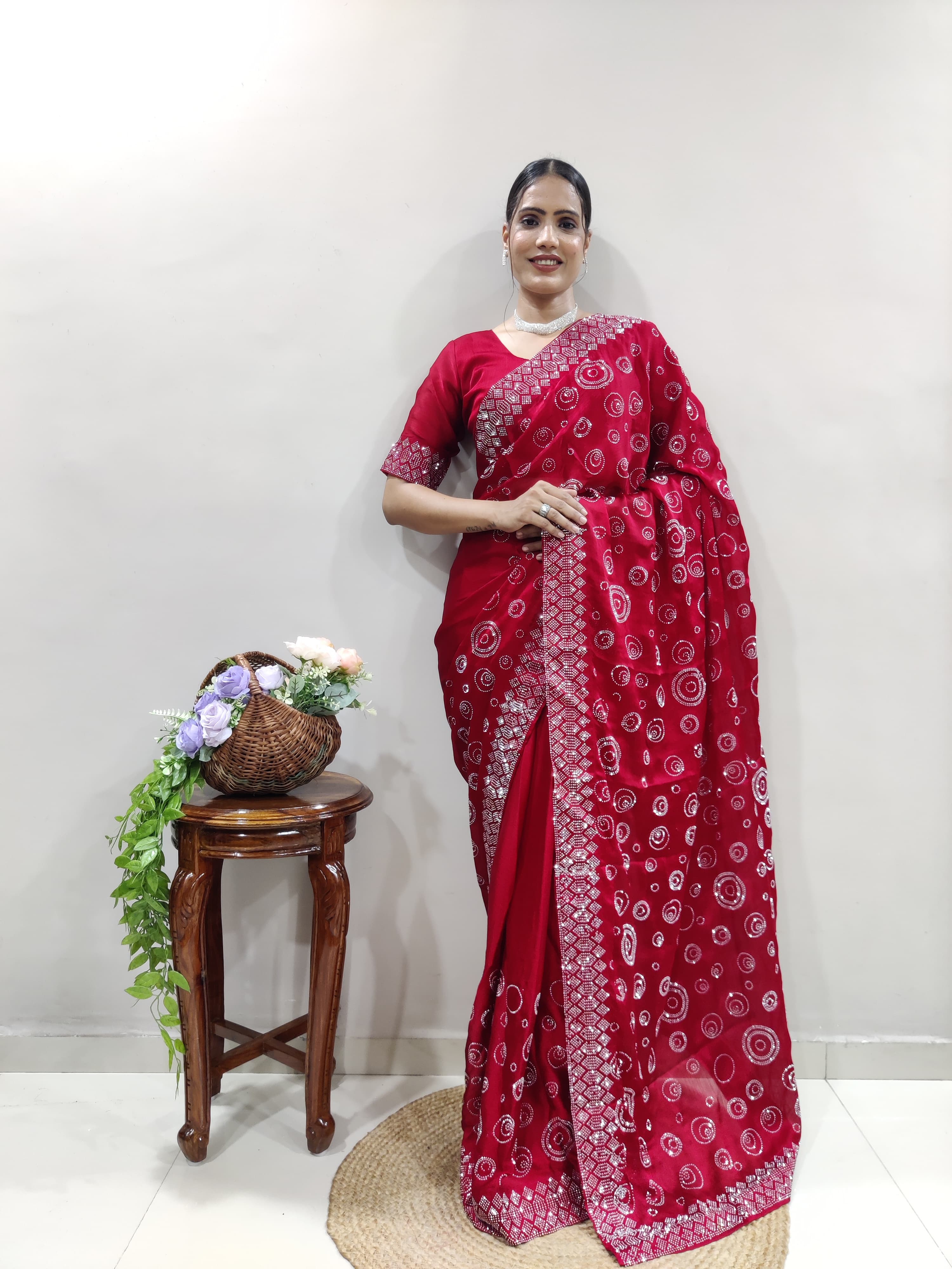 Ready To Wear Swarovski Diamond Work Red Saree