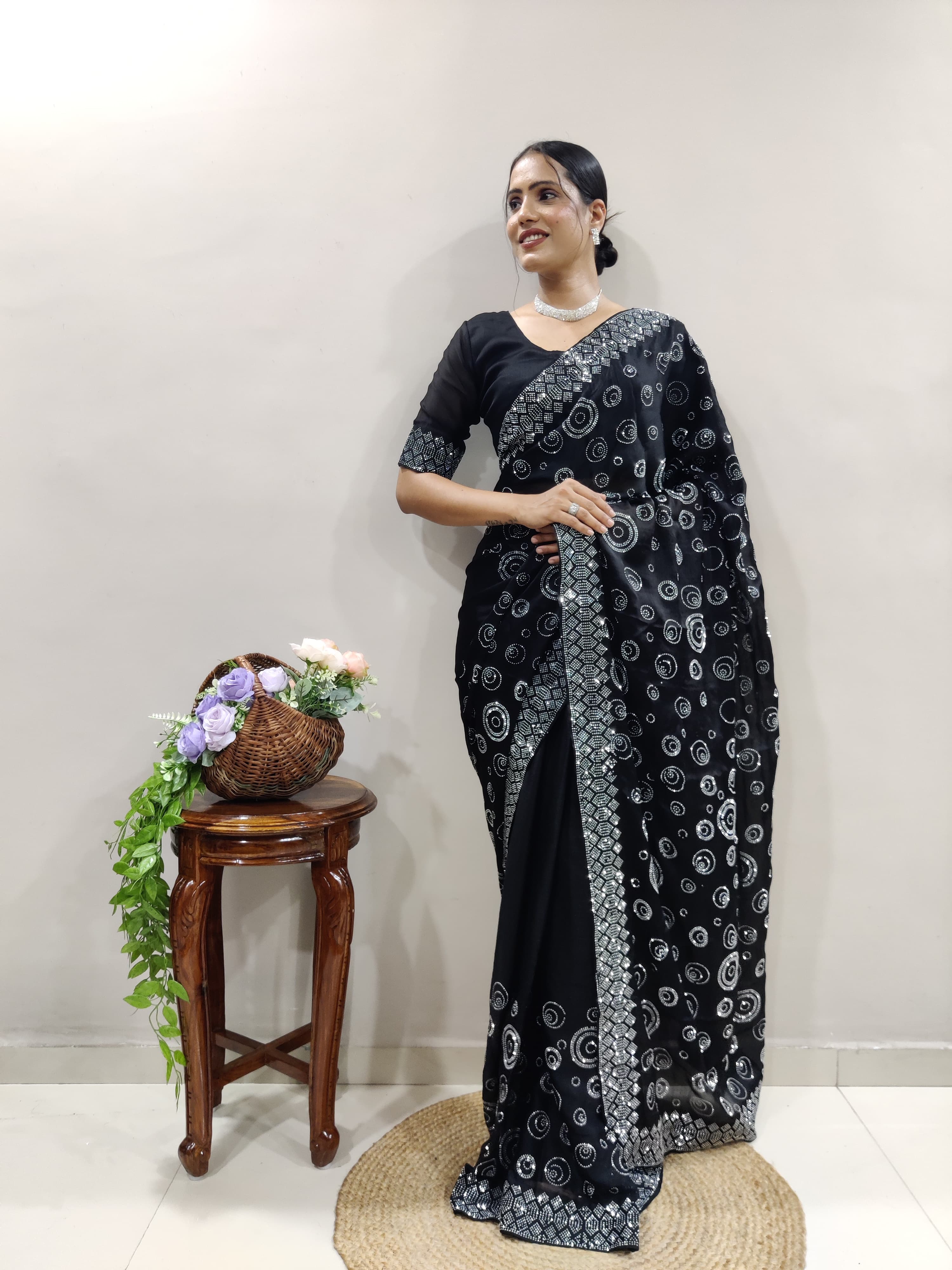 Ready To Wear Swarovski Diamond Work Black Saree