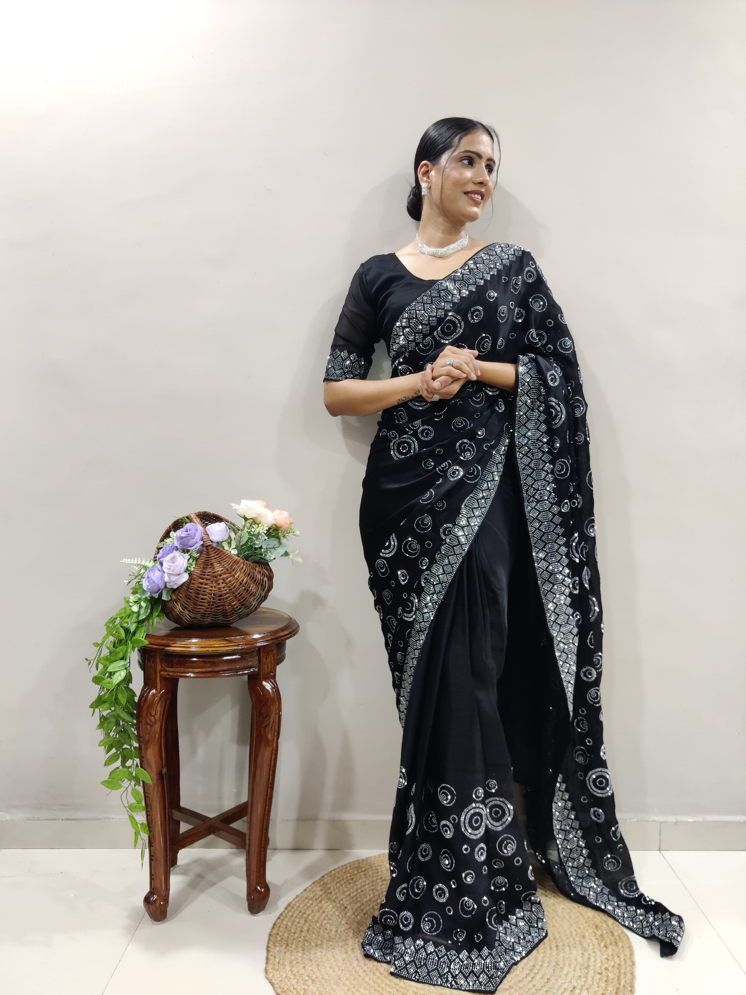 Ready To Wear Swarovski Diamond Work Black Saree