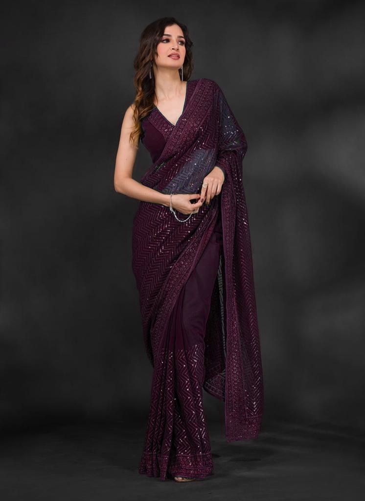 Wine Color Full Sequence Embroidery Work Saree