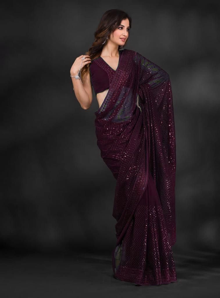 Wine Color Full Sequence Embroidery Work Saree