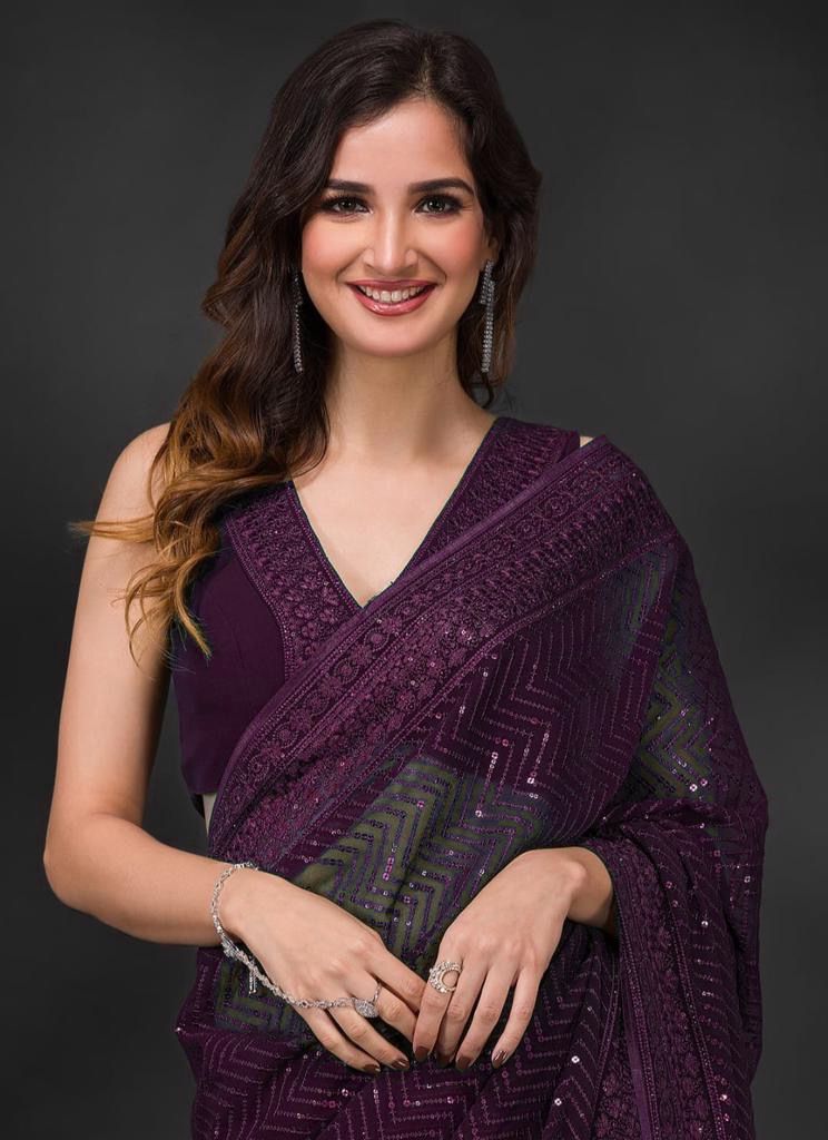 Wine Color Full Sequence Embroidery Work Saree