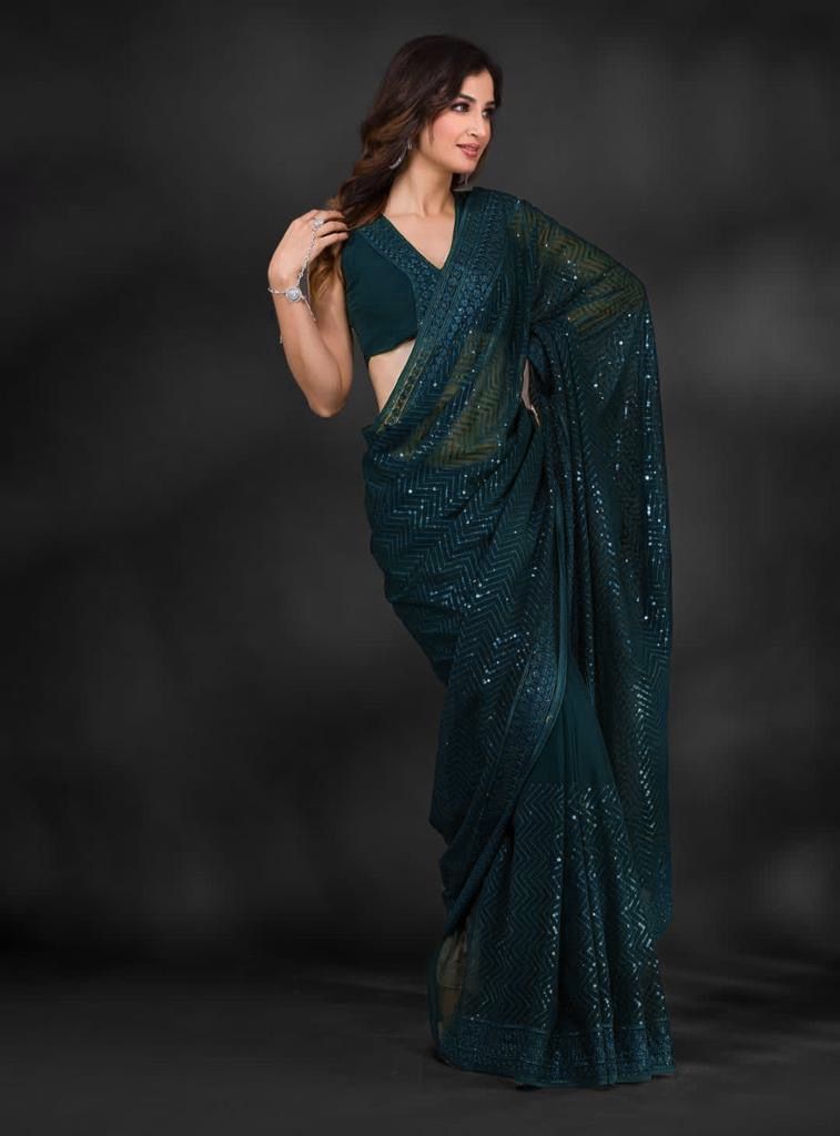 Teal Blue Color Full Sequence Embroidery Work Saree