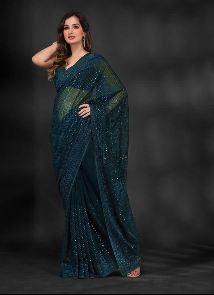 Teal Blue Color Full Sequence Embroidery Work Saree