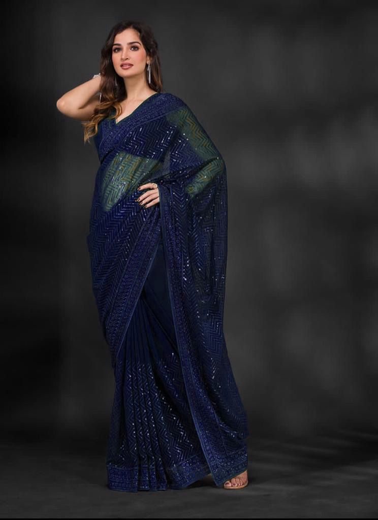 Blue Color Full Sequence Embroidery Work Saree