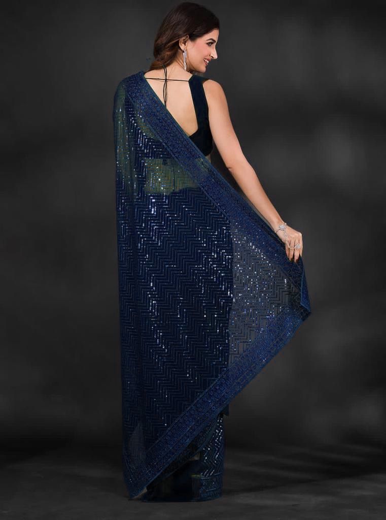 Blue Color Full Sequence Embroidery Work Saree