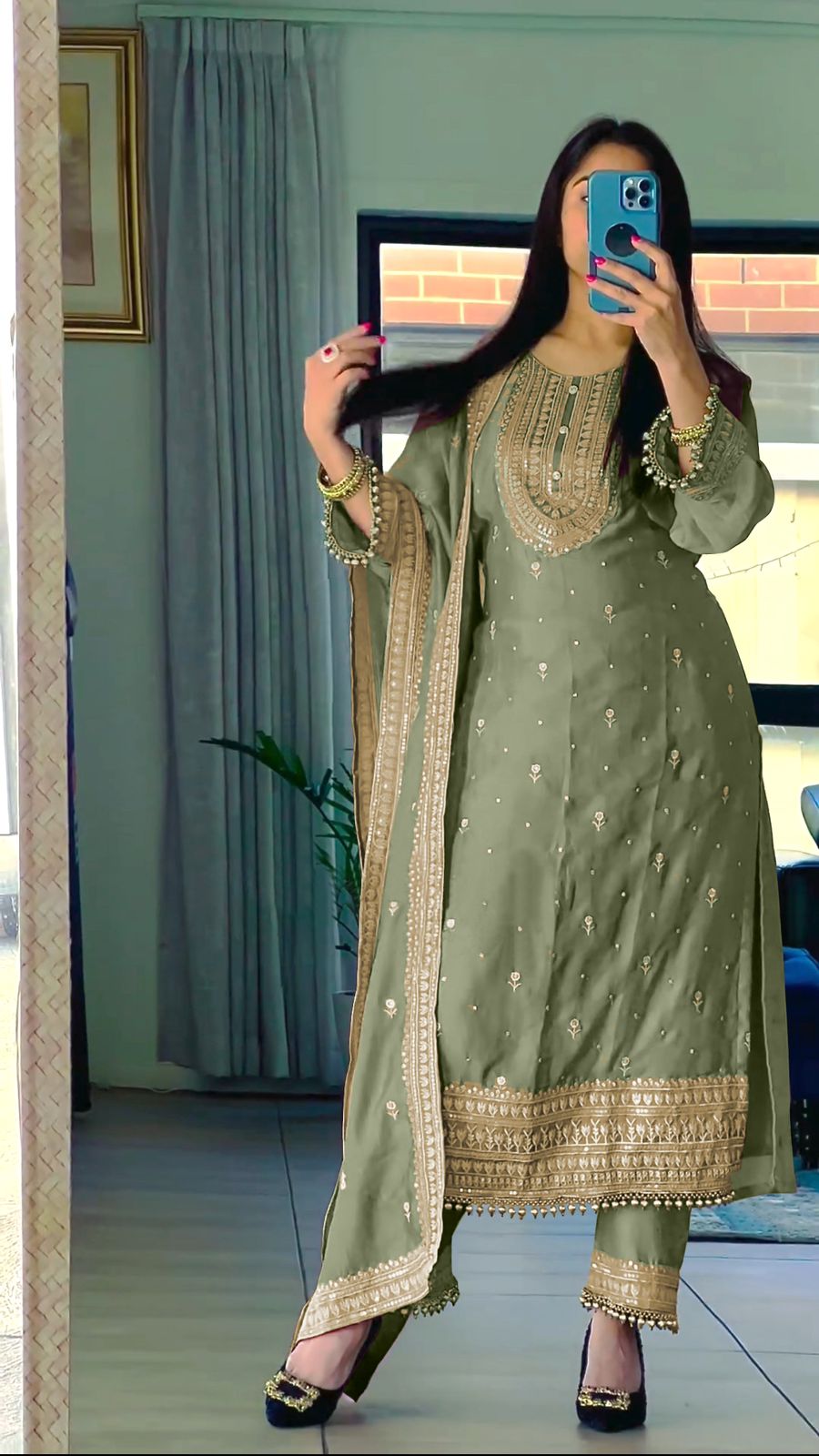 Superb Green Color Chinnon Silk Embroidery Salwar Suit