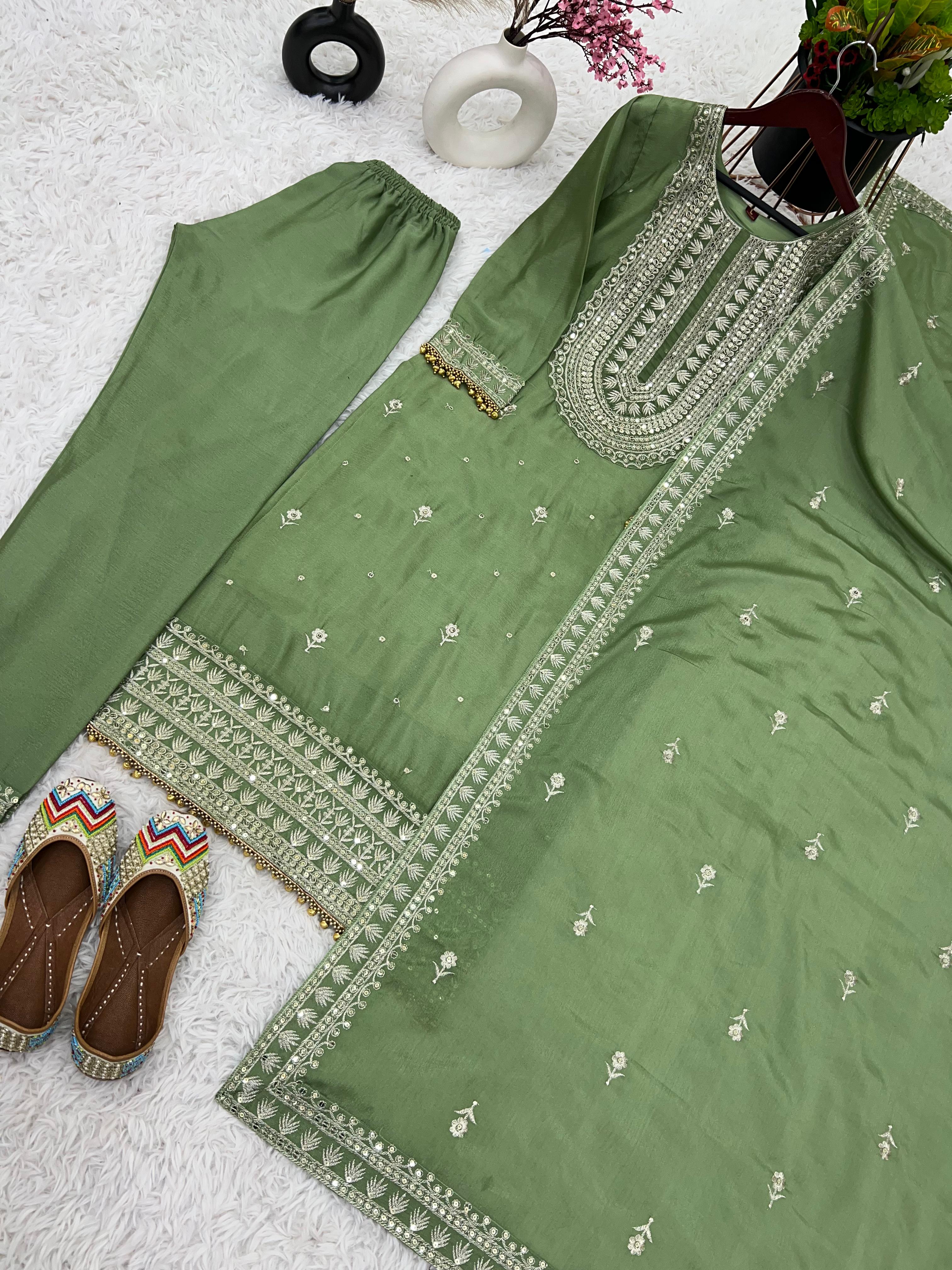 Superb Green Color Chinnon Silk Embroidery Salwar Suit