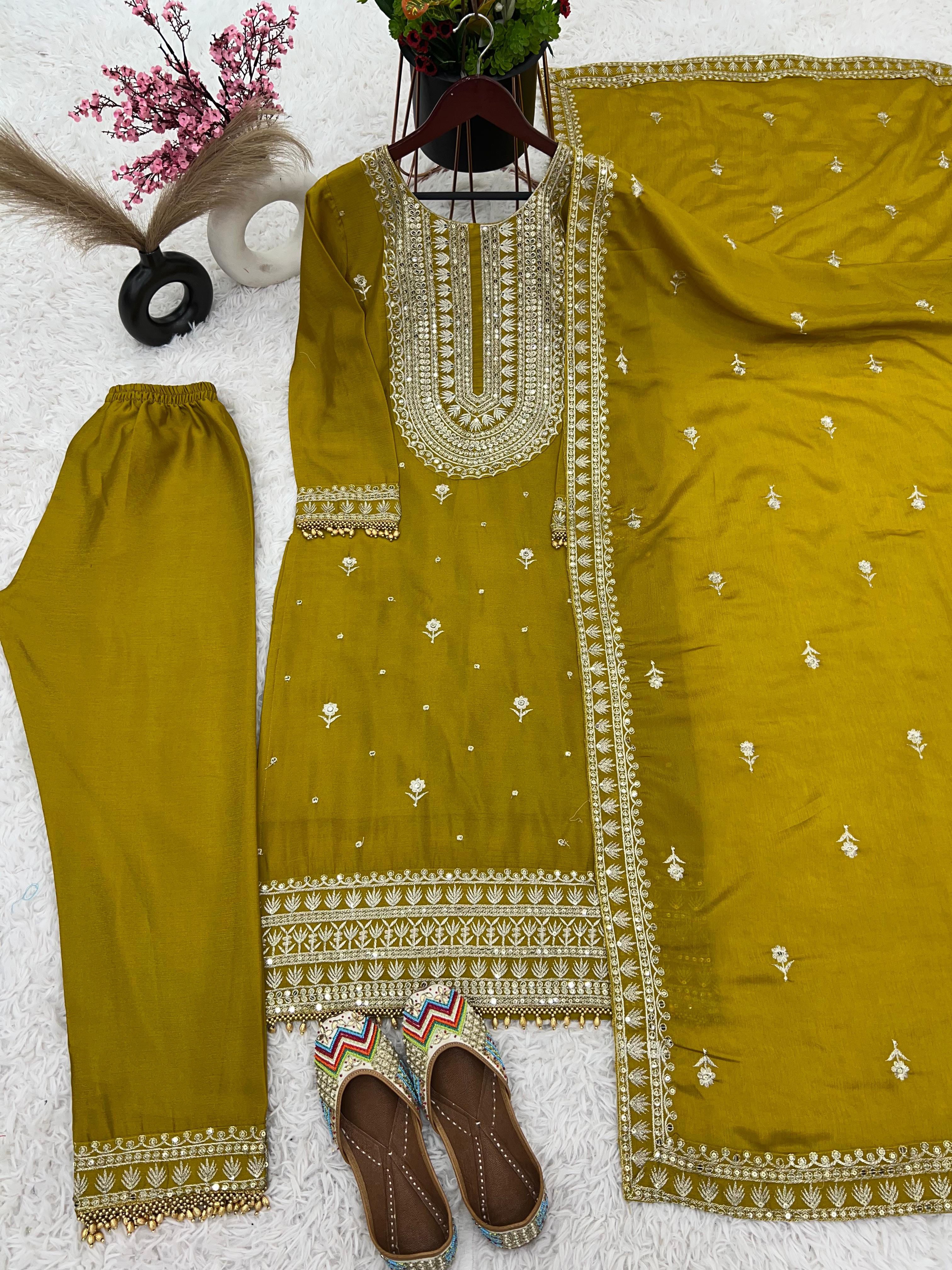 Superb Yellow Color Chinnon Silk Embroidery Salwar Suit