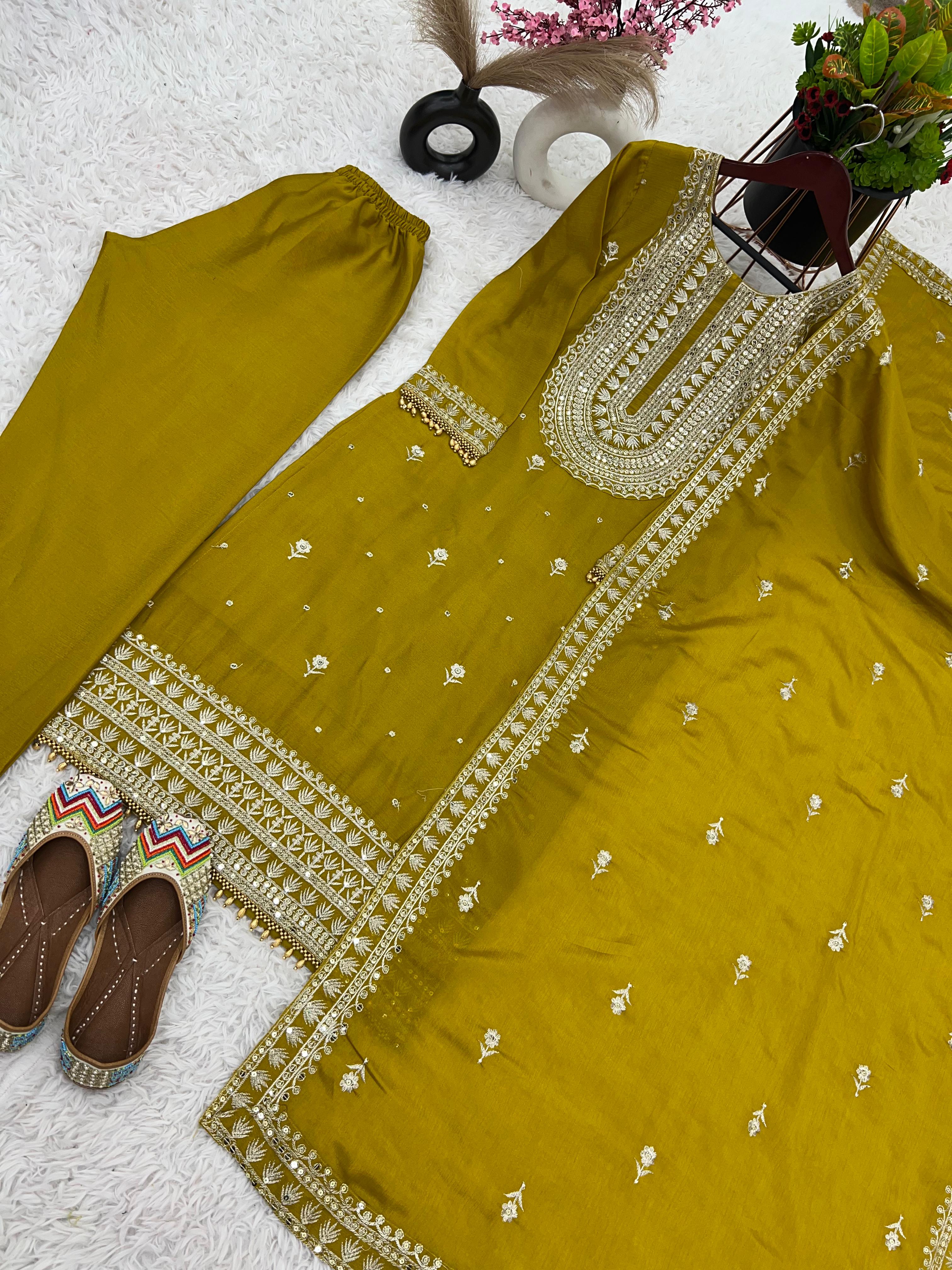 Superb Yellow Color Chinnon Silk Embroidery Salwar Suit