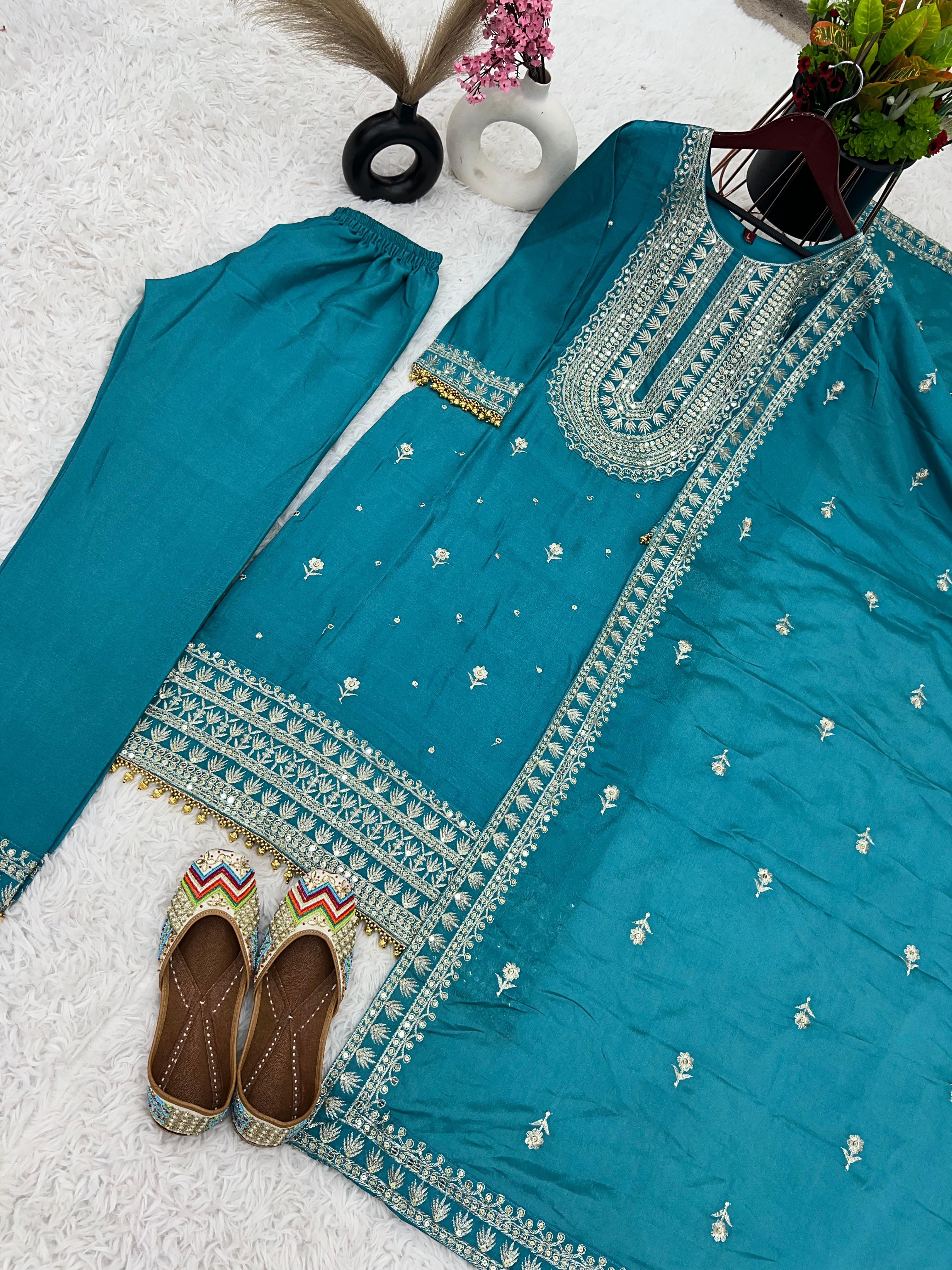 Superb Blue Color Chinnon Silk Embroidery Salwar Suit