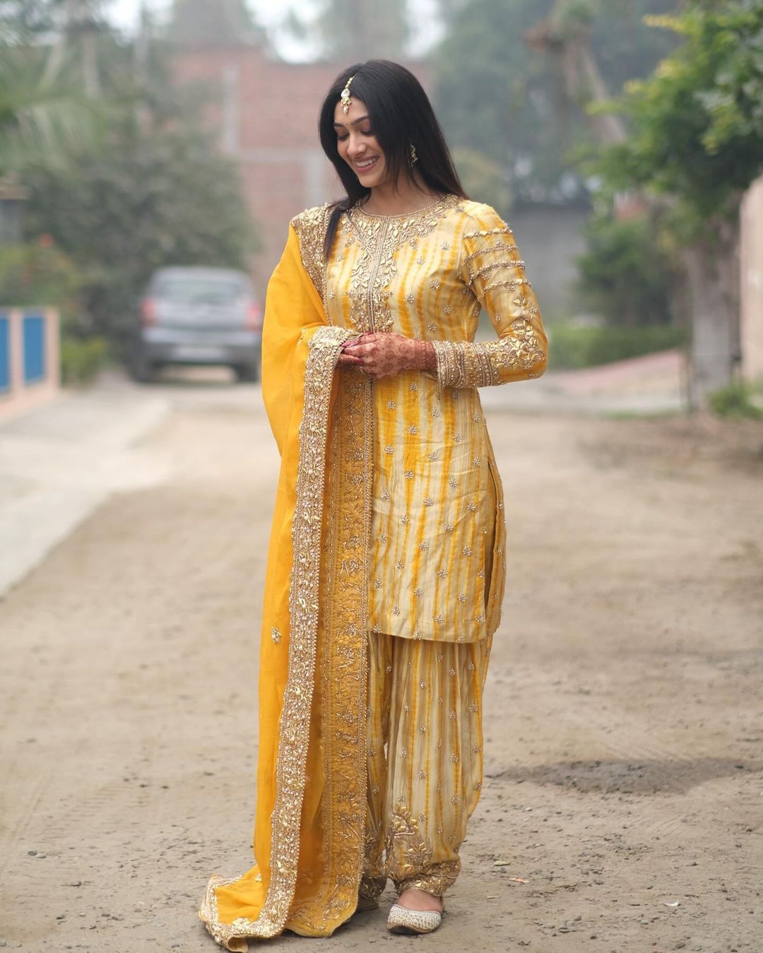 Punjabi Style Yellow Color Mirror Work Shibori Print Patiala Suit