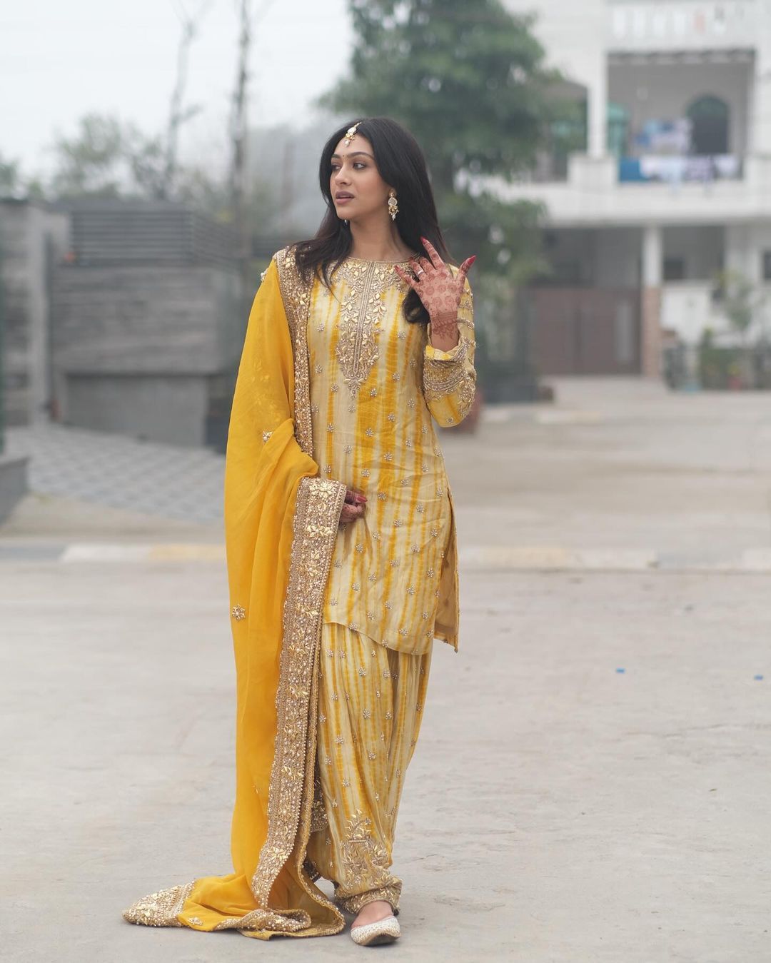 Punjabi Style Yellow Color Mirror Work Shibori Print Patiala Suit