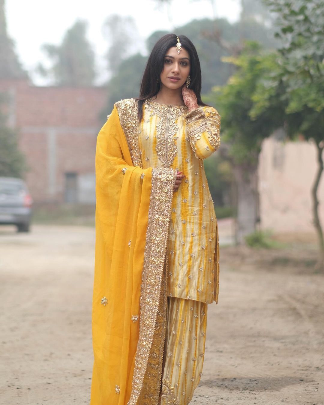 Punjabi Style Yellow Color Mirror Work Shibori Print Patiala Suit