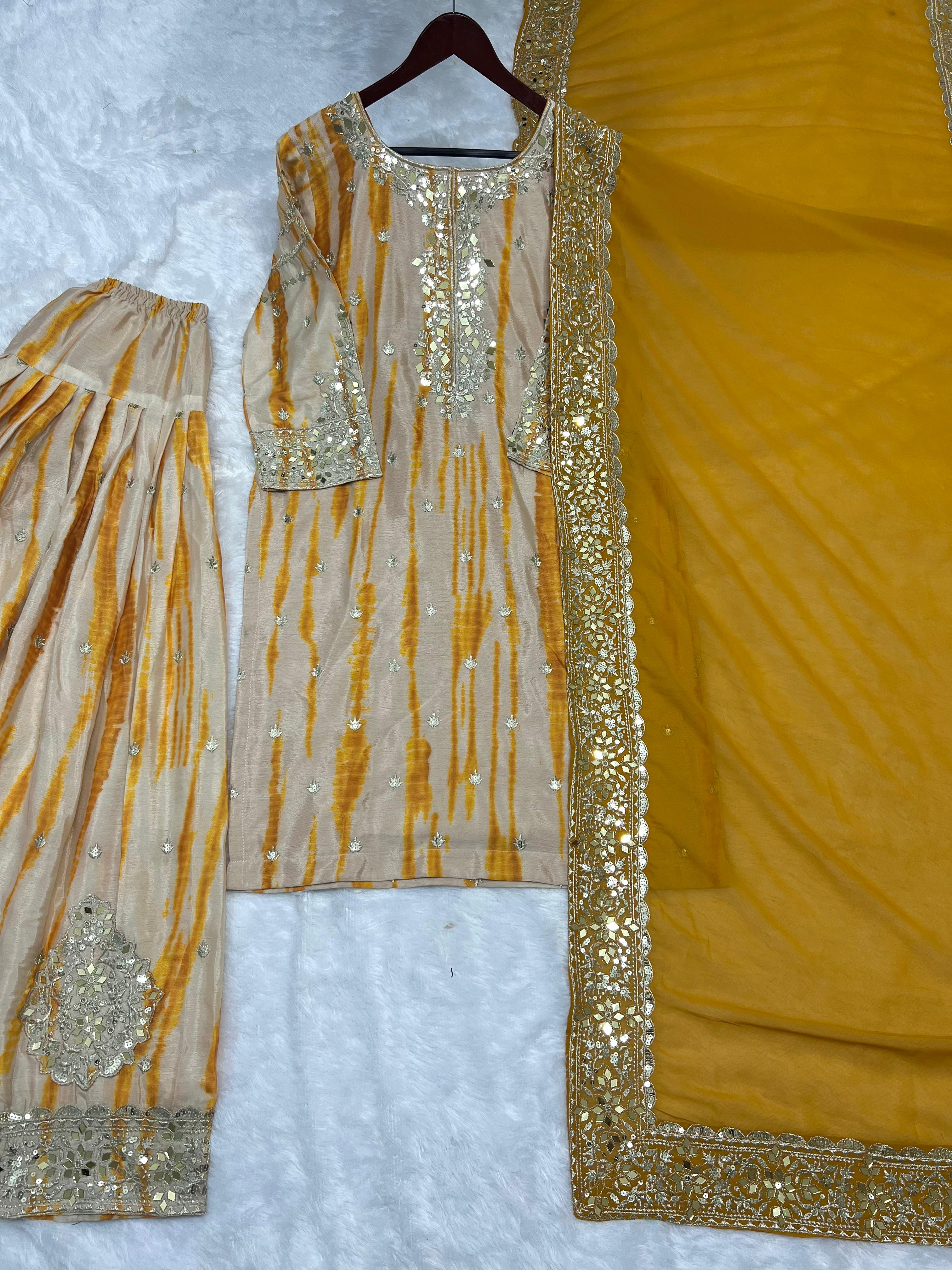 Punjabi Style Yellow Color Mirror Work Shibori Print Patiala Suit