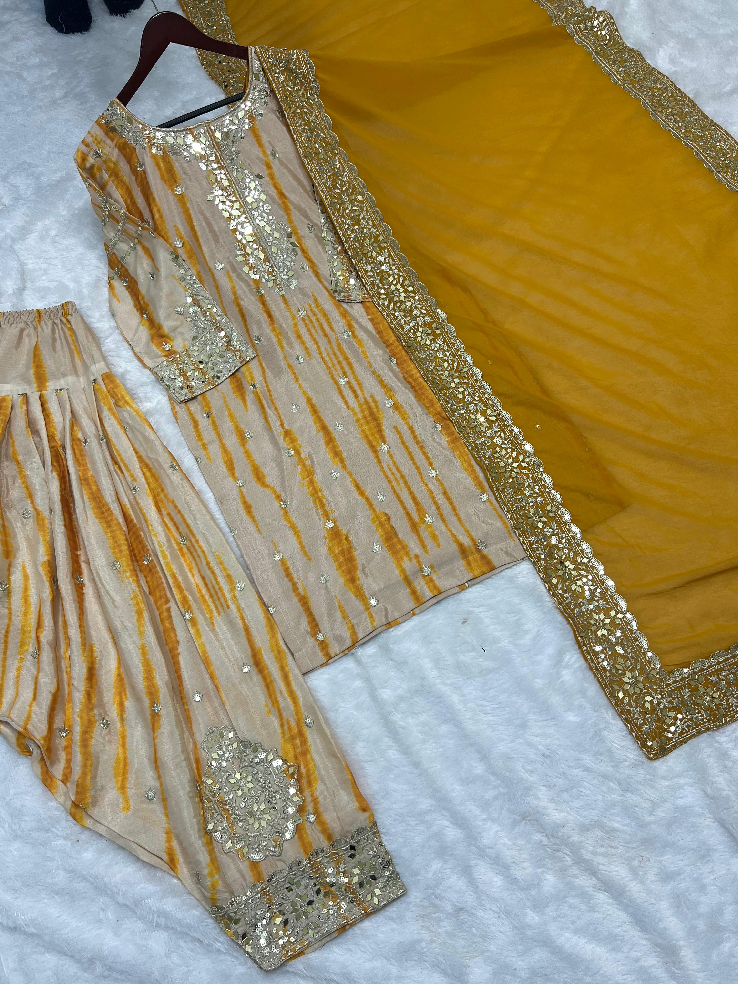 Punjabi Style Yellow Color Mirror Work Shibori Print Patiala Suit