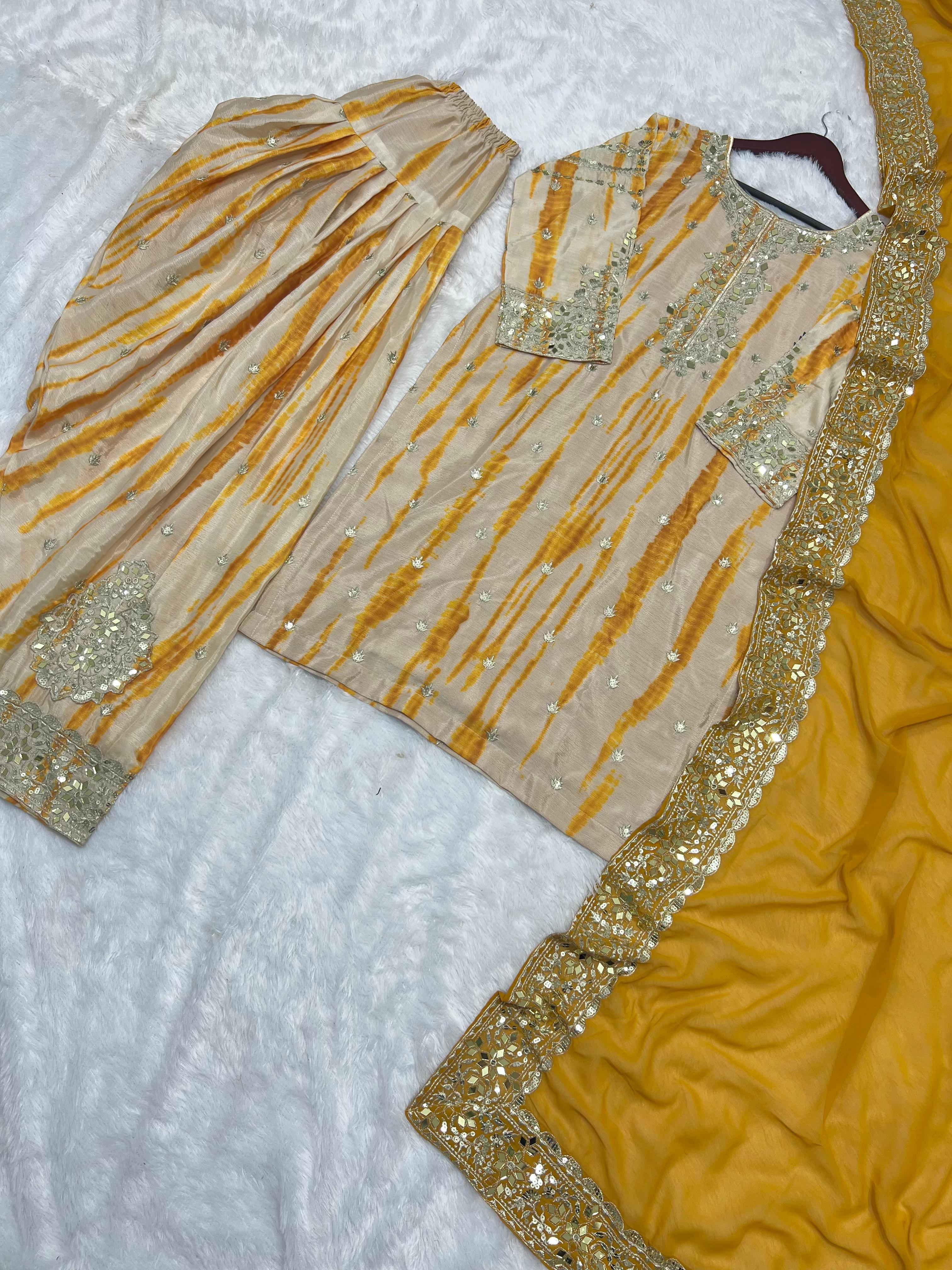 Punjabi Style Yellow Color Mirror Work Shibori Print Patiala Suit