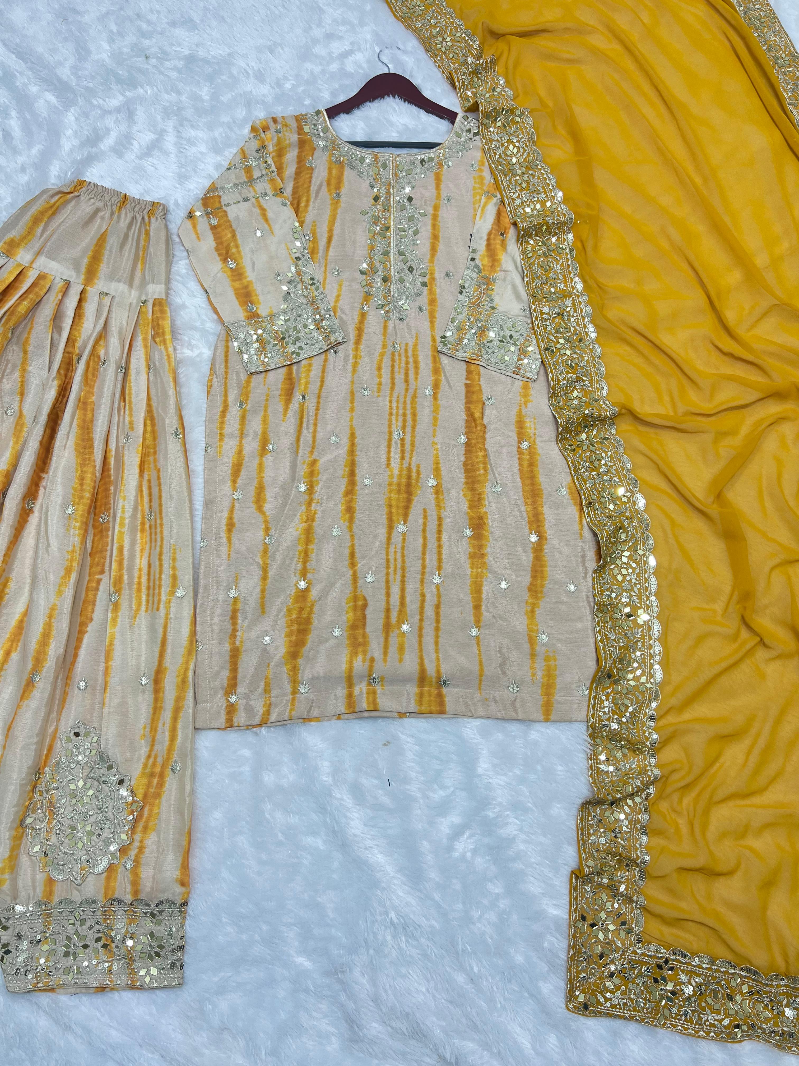 Punjabi Style Yellow Color Mirror Work Shibori Print Patiala Suit