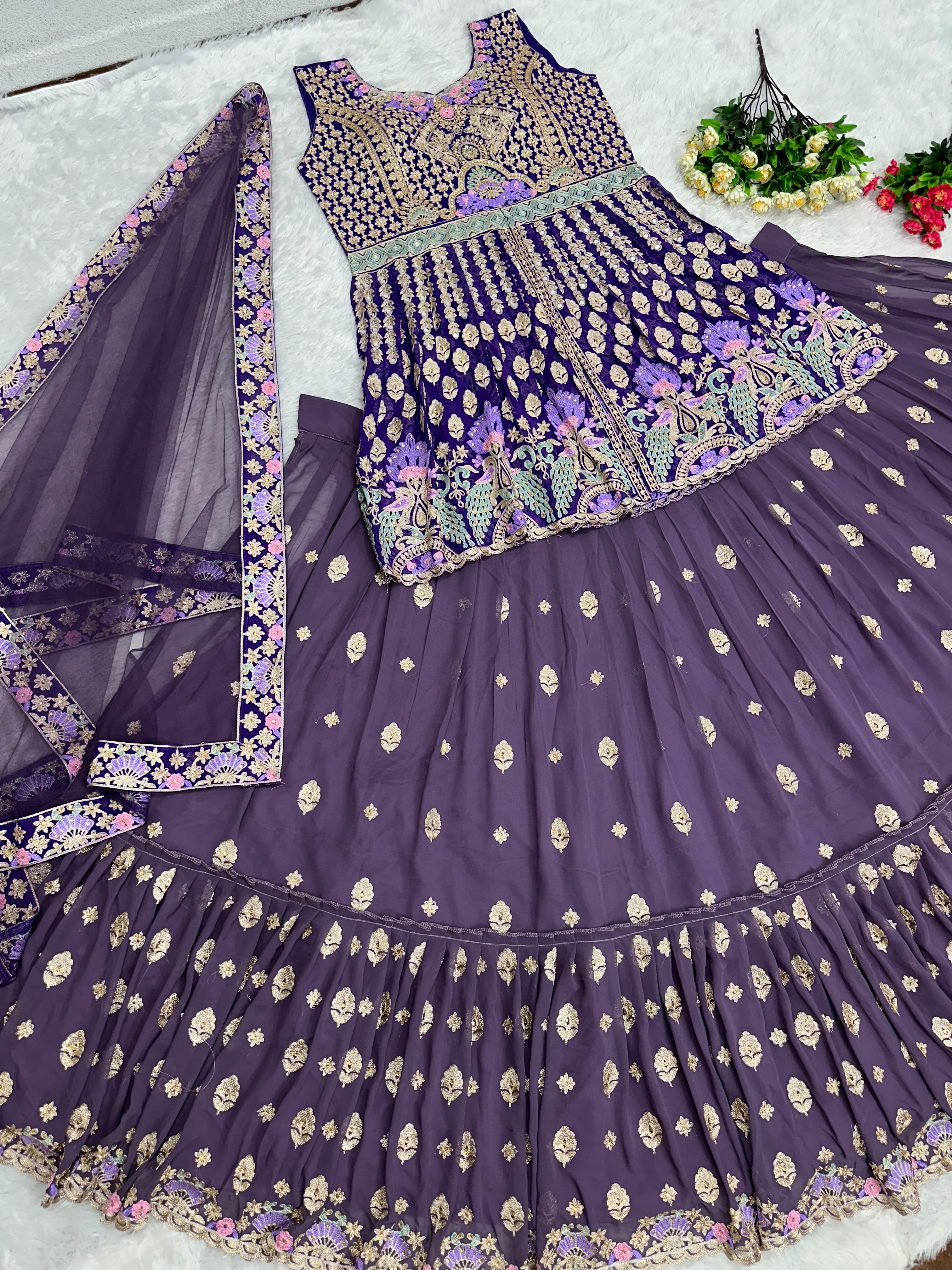 Function Wear Heavy Chine Stitch Work Purple Lehenga With Top