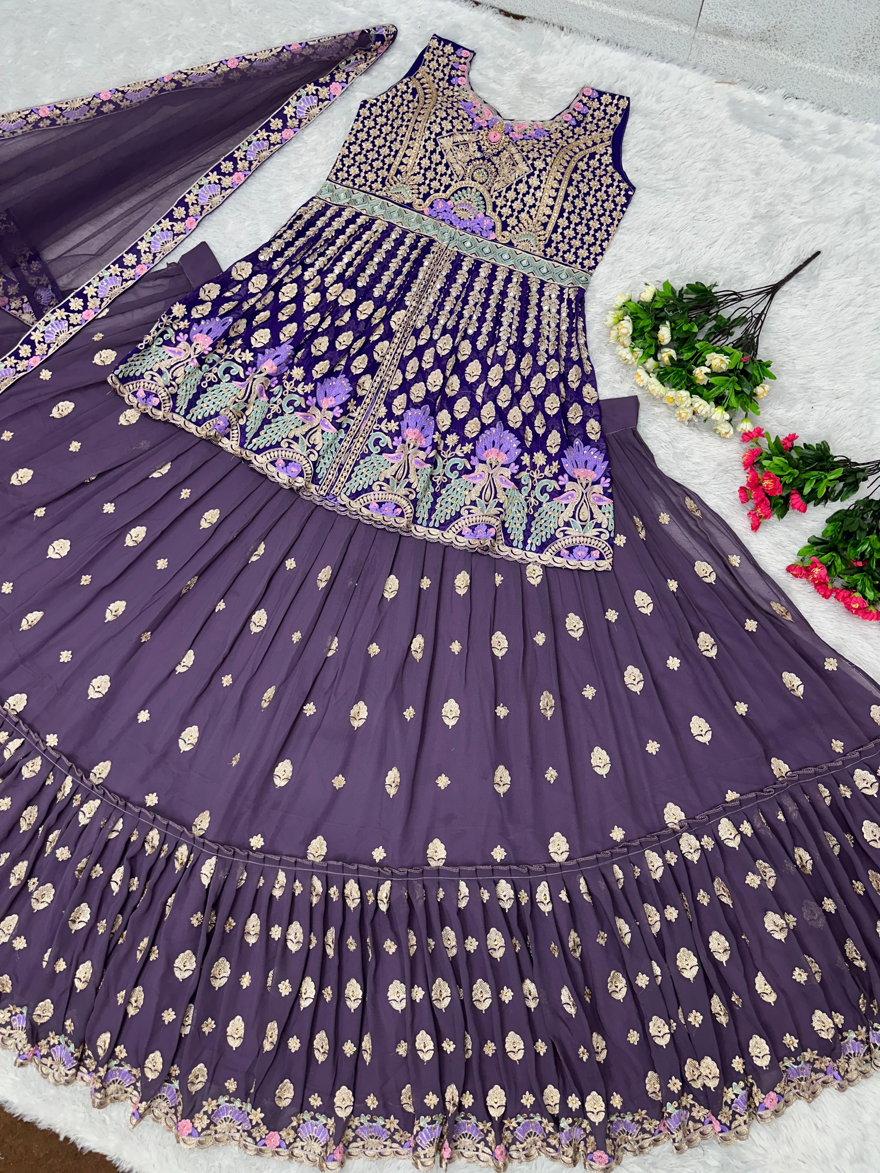 Function Wear Heavy Chine Stitch Work Purple Lehenga With Top