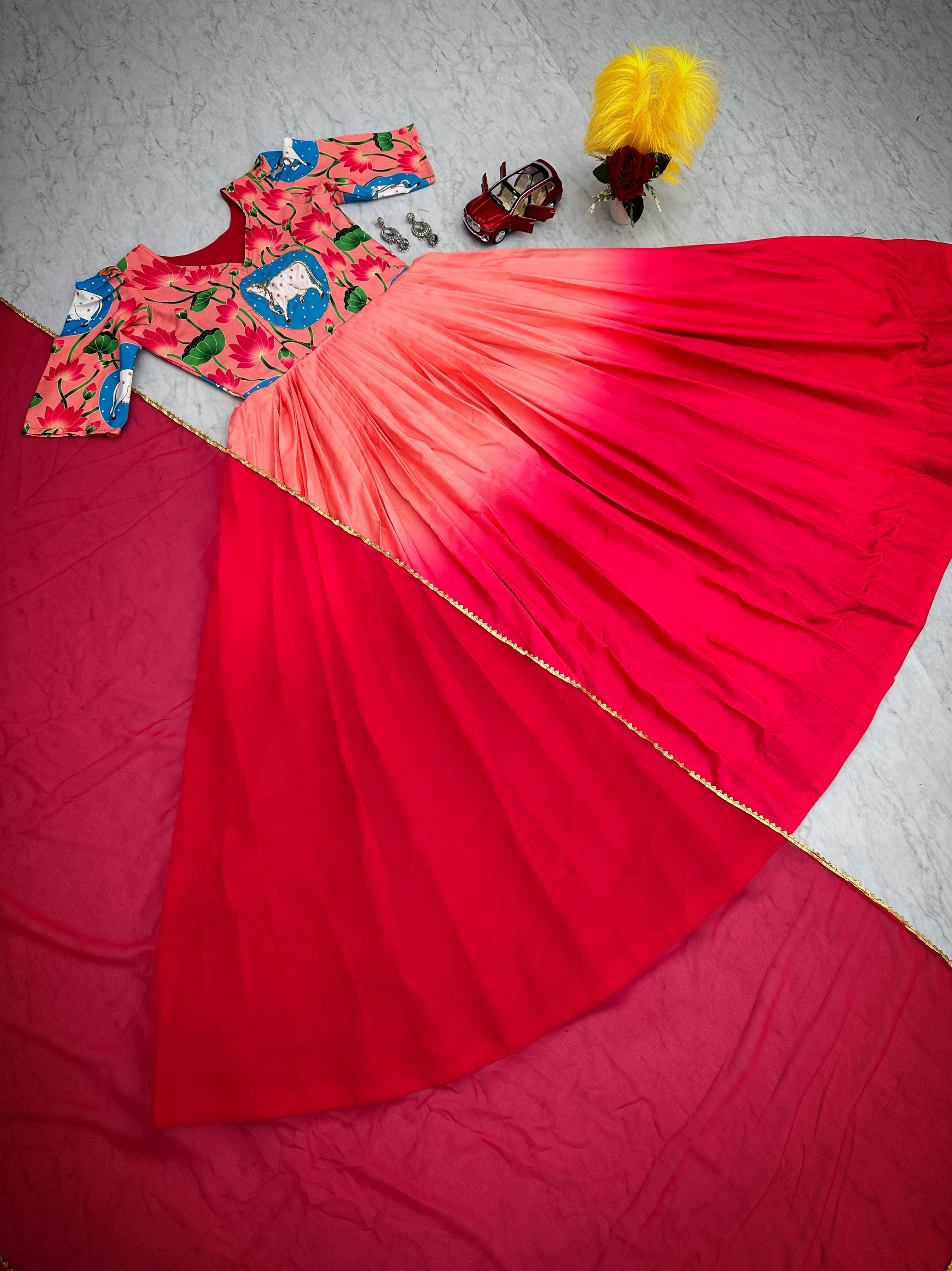 Peach With Red Double Shade Kalamkari Print Anarkali Gown