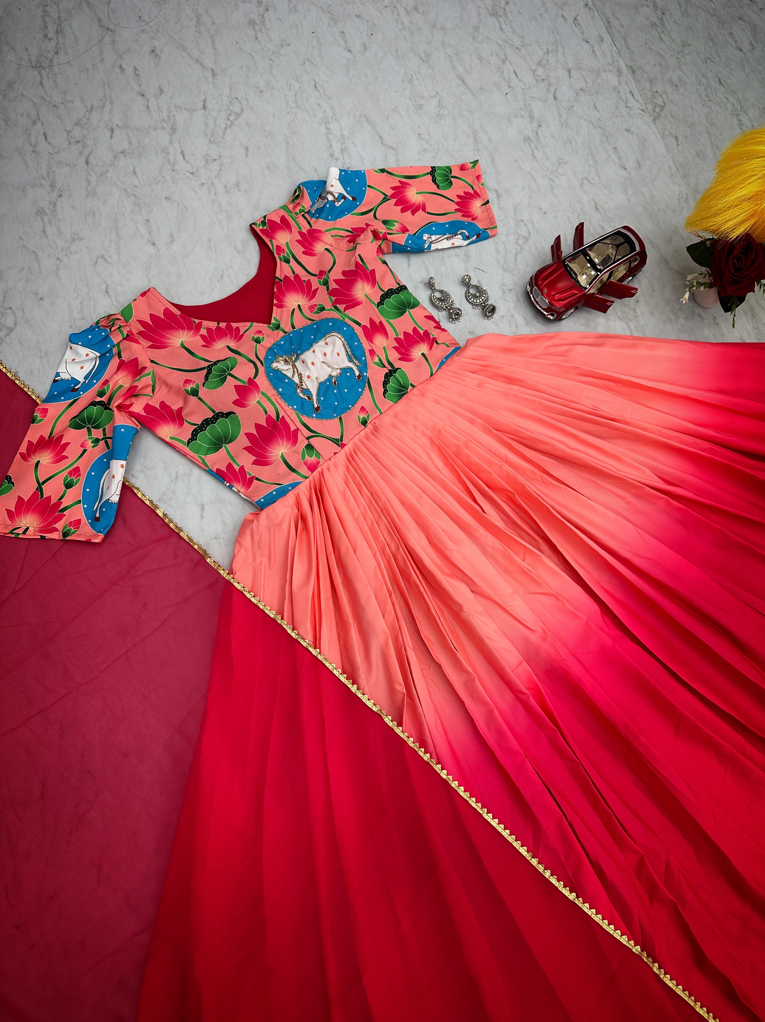 Peach With Red Double Shade Kalamkari Print Anarkali Gown