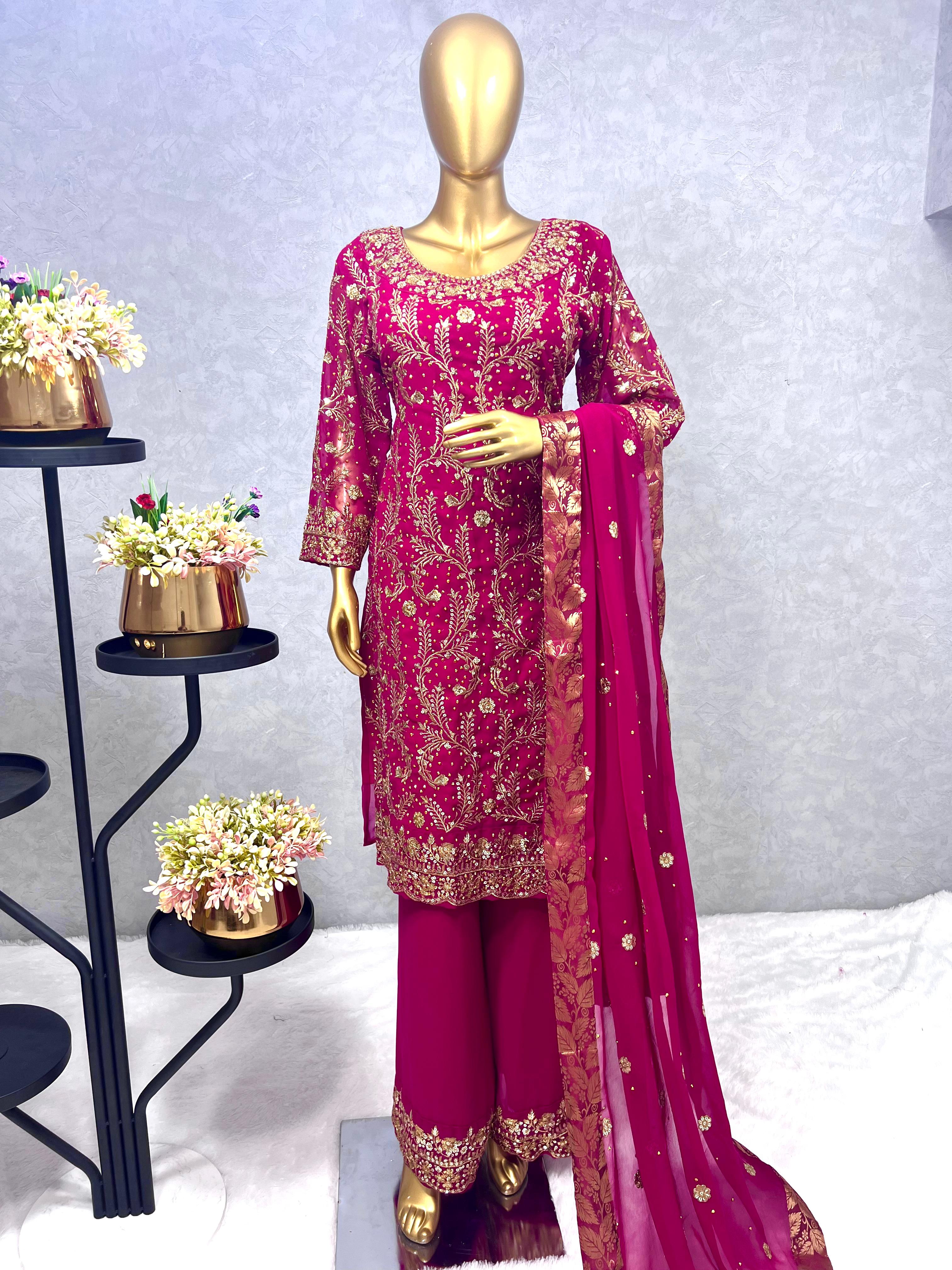 Glossy Pink Color Sequence Work Kurti Set With Dupatta