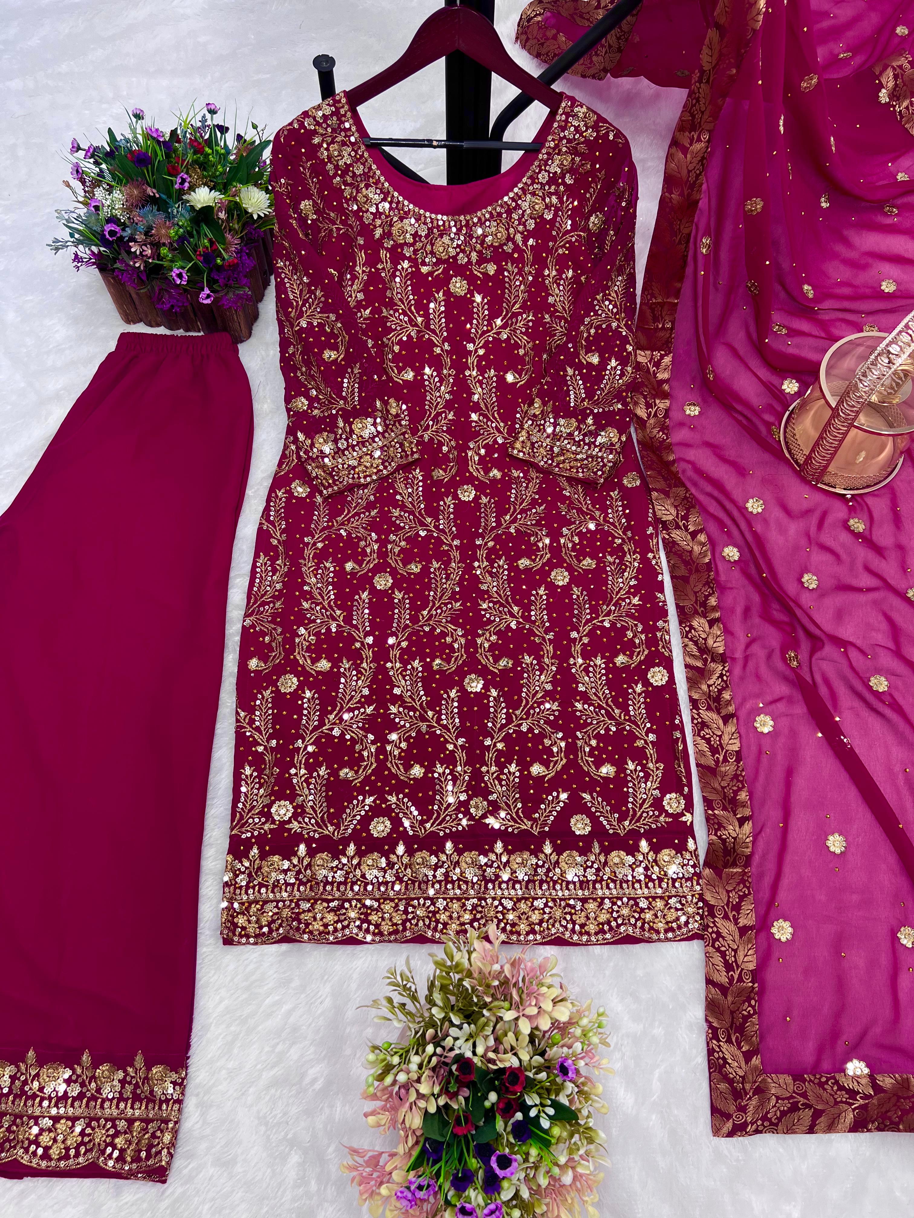 Glossy Pink Color Sequence Work Kurti Set With Dupatta